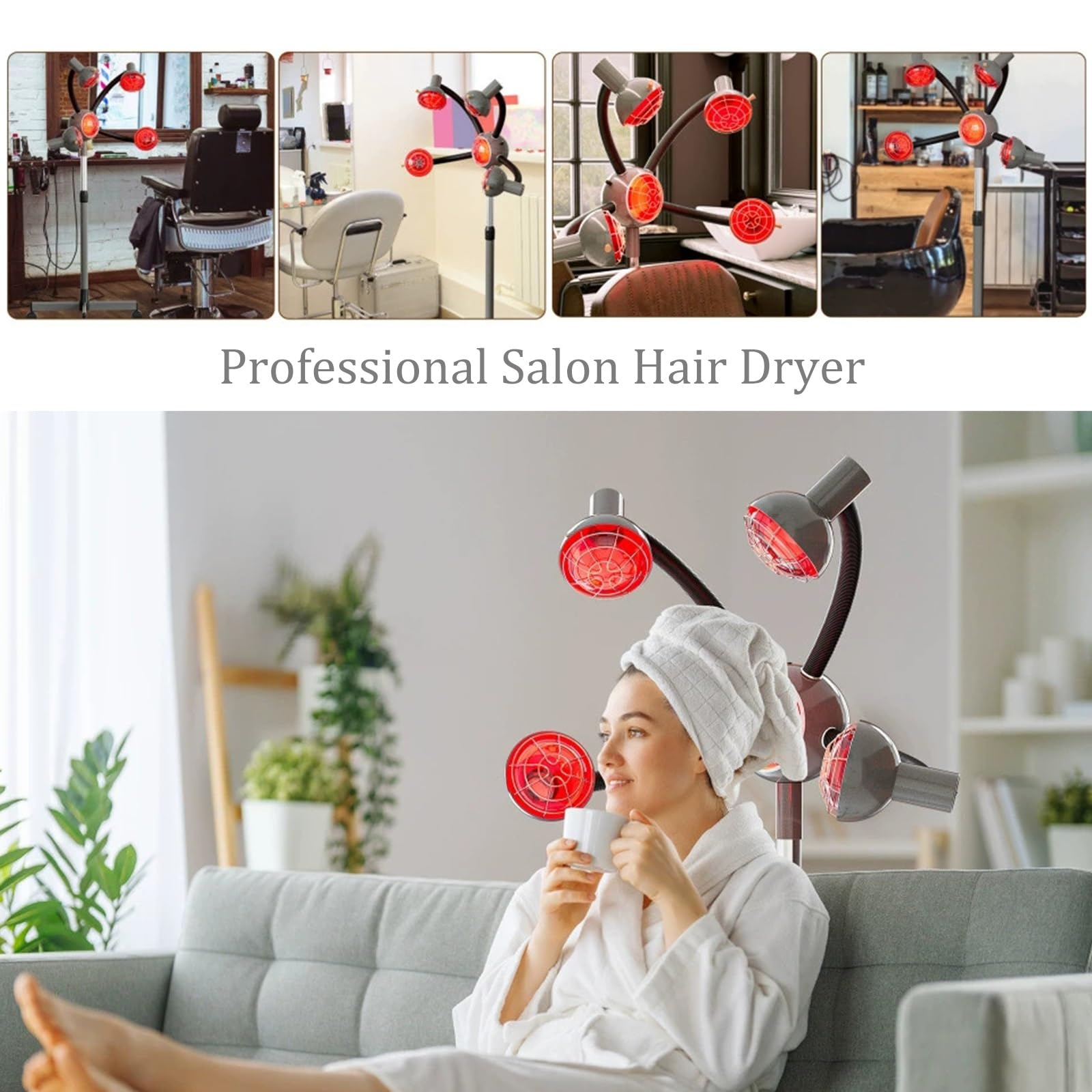 Jcgly Salon Hair Dryer with 5 Head Lamp, Free Standing Hair Color Treatment Processor, 750W Styling Perming Dryer with Rolling Wheels(White)