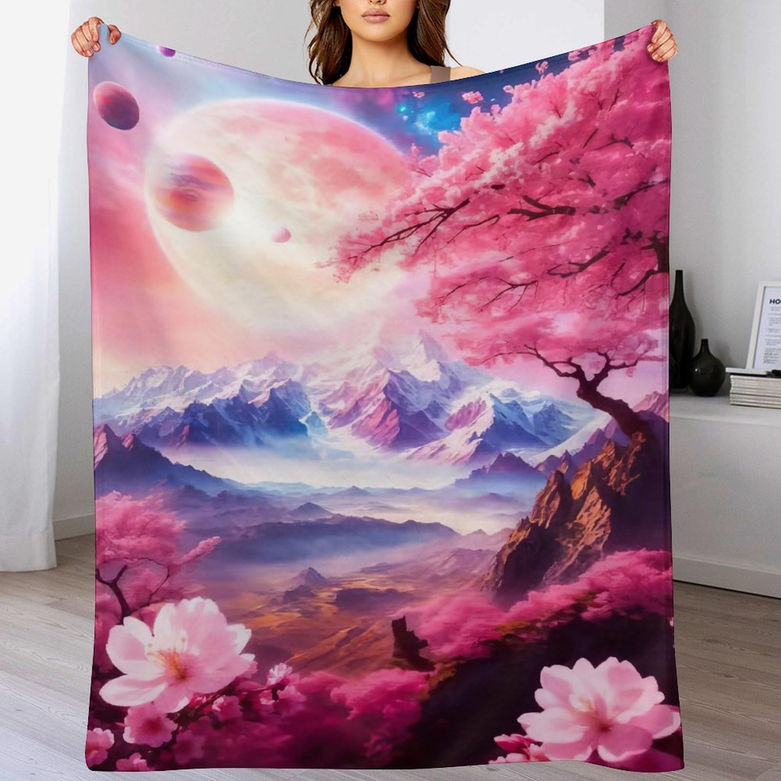 Couverture Cerisier Art Japonais en flannel douce pour lit et canapé de 130x150cm