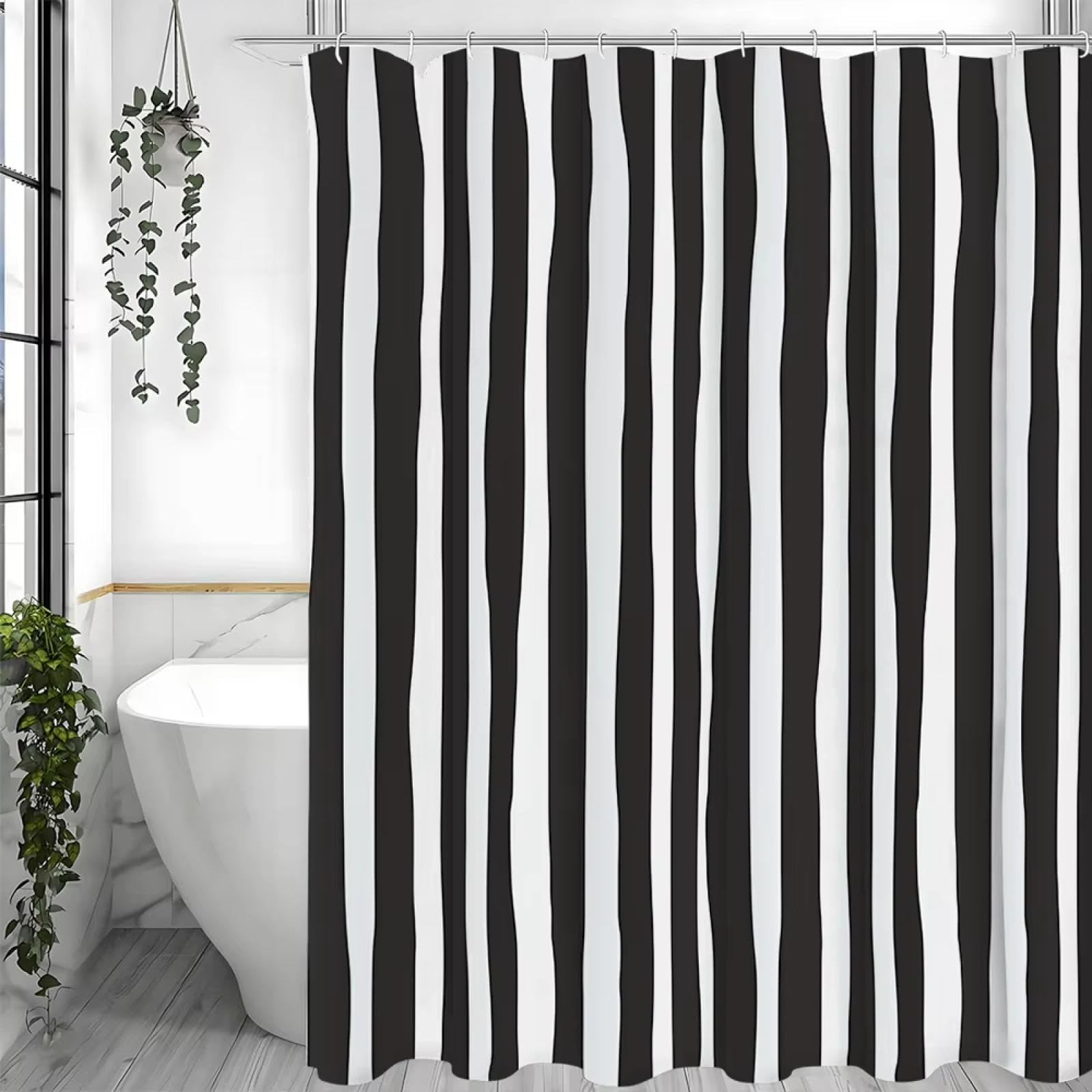Tenda da doccia a strisce astratte in bianco e nero, tenda da doccia decorativa impermeabile per bagno con ganci, tenda da doccia in tessuto 200x220 cm
