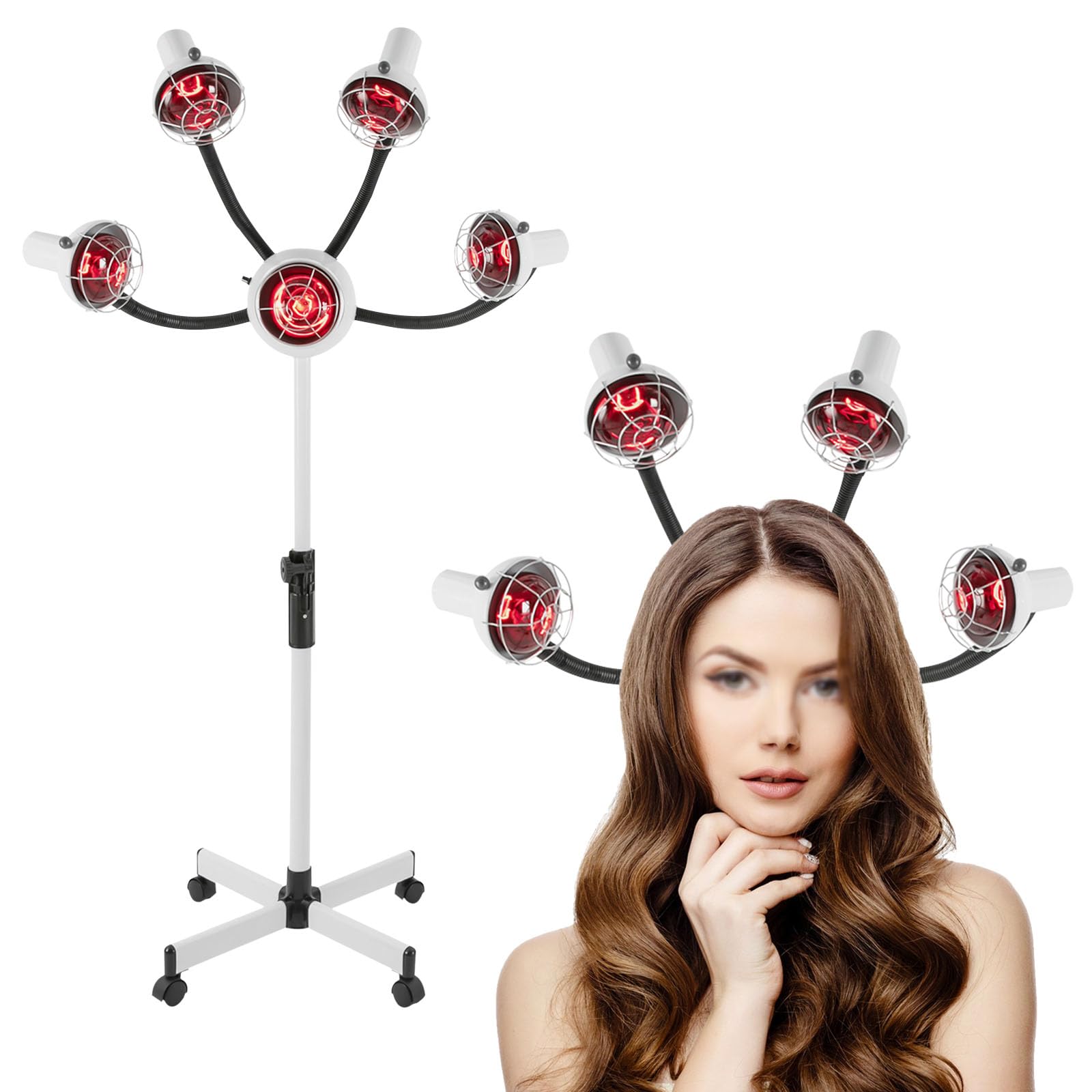 Lámpara de calor infrarrojo – Lámpara calefactora para el cabello con 5 cabezas procesador – Peluquería altura ajustable – para salón de belleza y otros lugares para el cuidado capilar