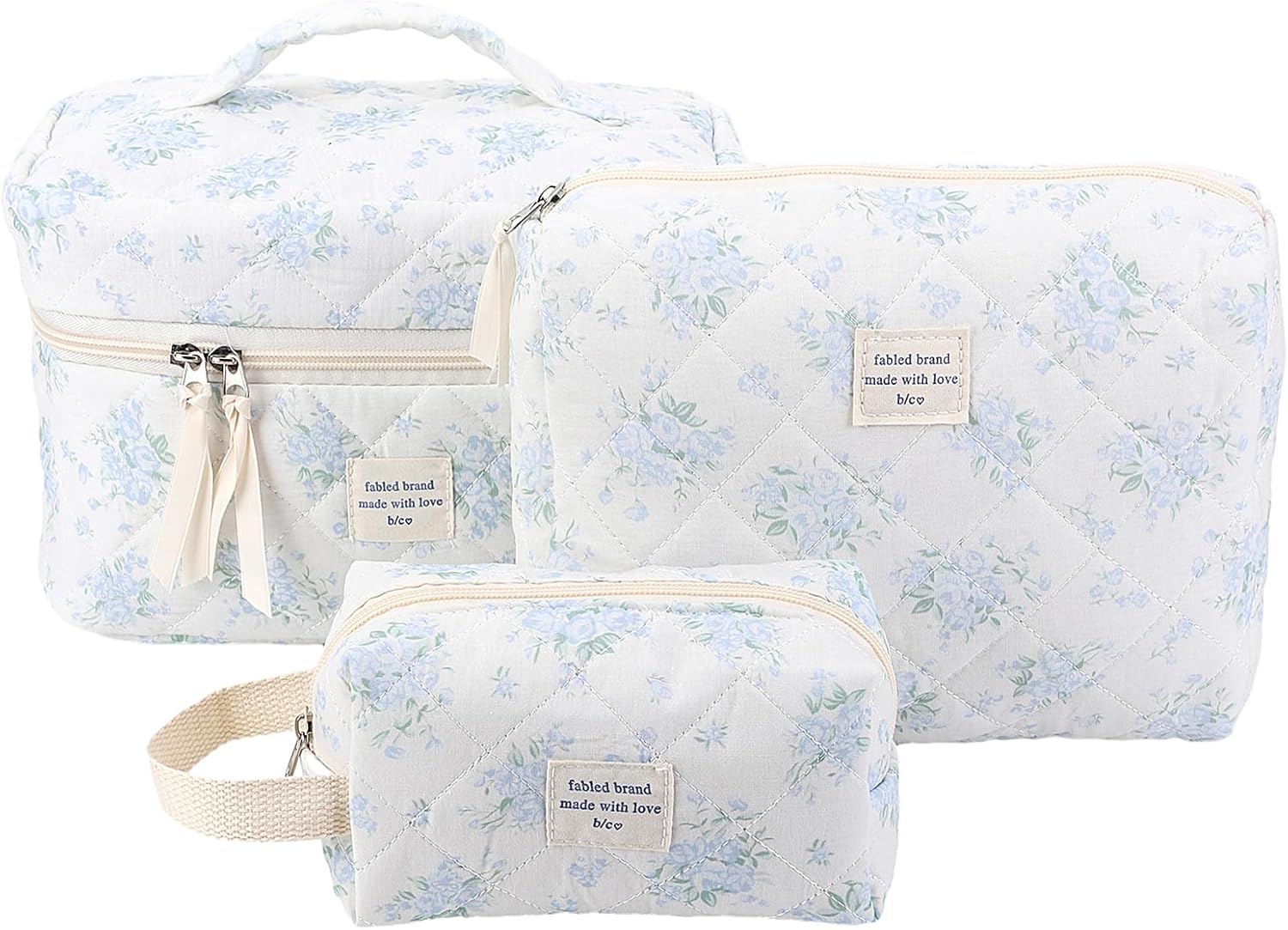 CHAMAIR 3Pcs Coquette Makeup Bag – Quilted Cosmetic Bag Large Make Up Bag Set Aesthetic Floral Toiletry Bag Cotton Travel Skincare Bag for Women Ladies Girls (Style B8)