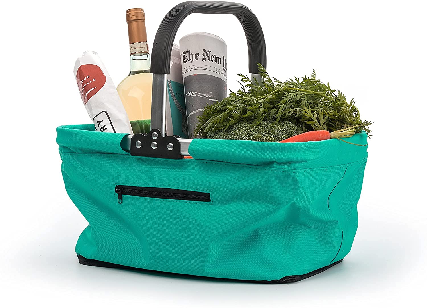 RSVP International MBAZ-T Panier de marché pliable Turquoise | Cadre en aluminium | Tissu polyester | Grand compartiment zippé | Rangement peu encombrant