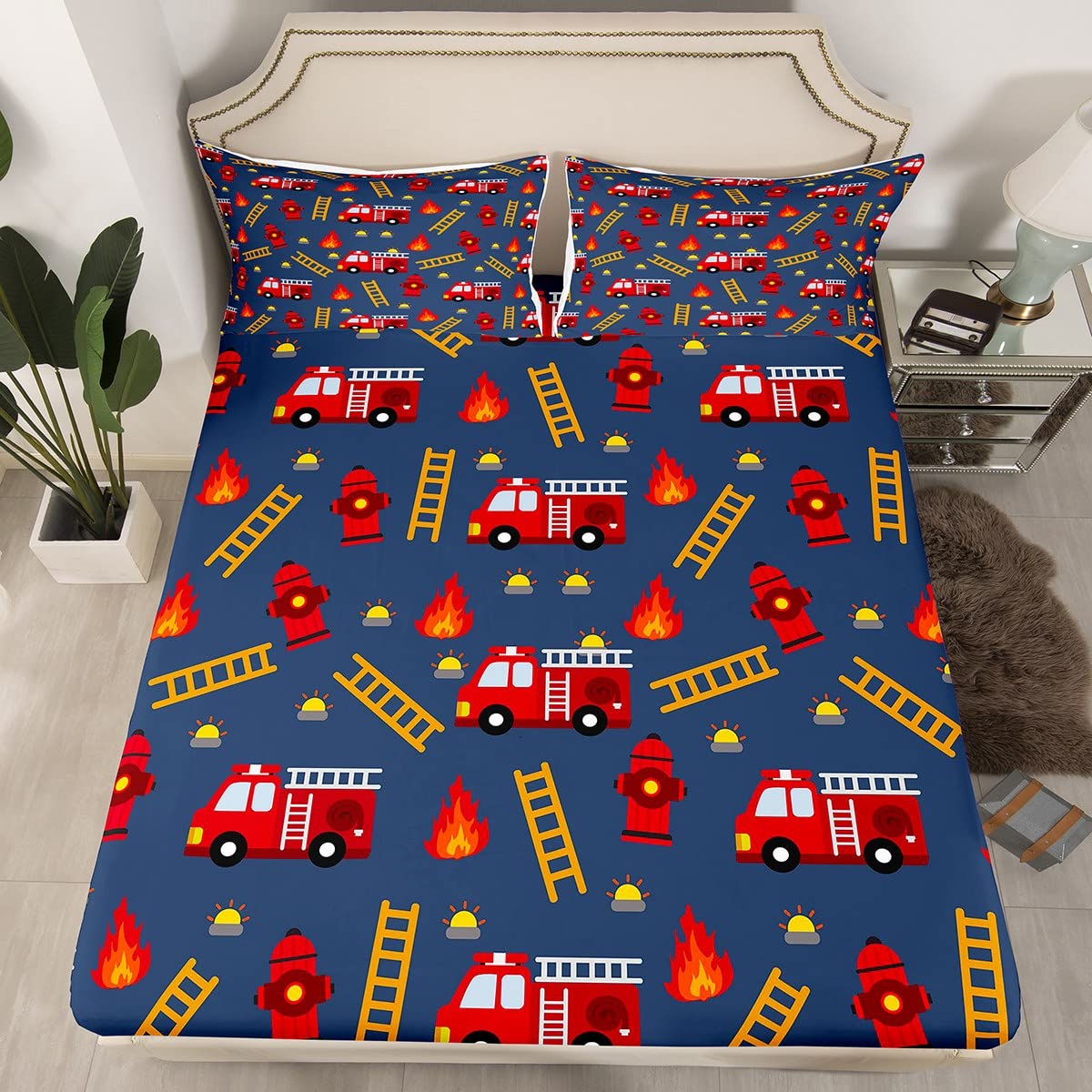 Erosebridal Kids Fire Truck Twin Sheet Set Red Firefighter Car Sheets, Cartoon Car Bed Set Firemen Vehicle Bed Sheets Set, Navy Red Orange Yellow Fitted Sheet Breathable