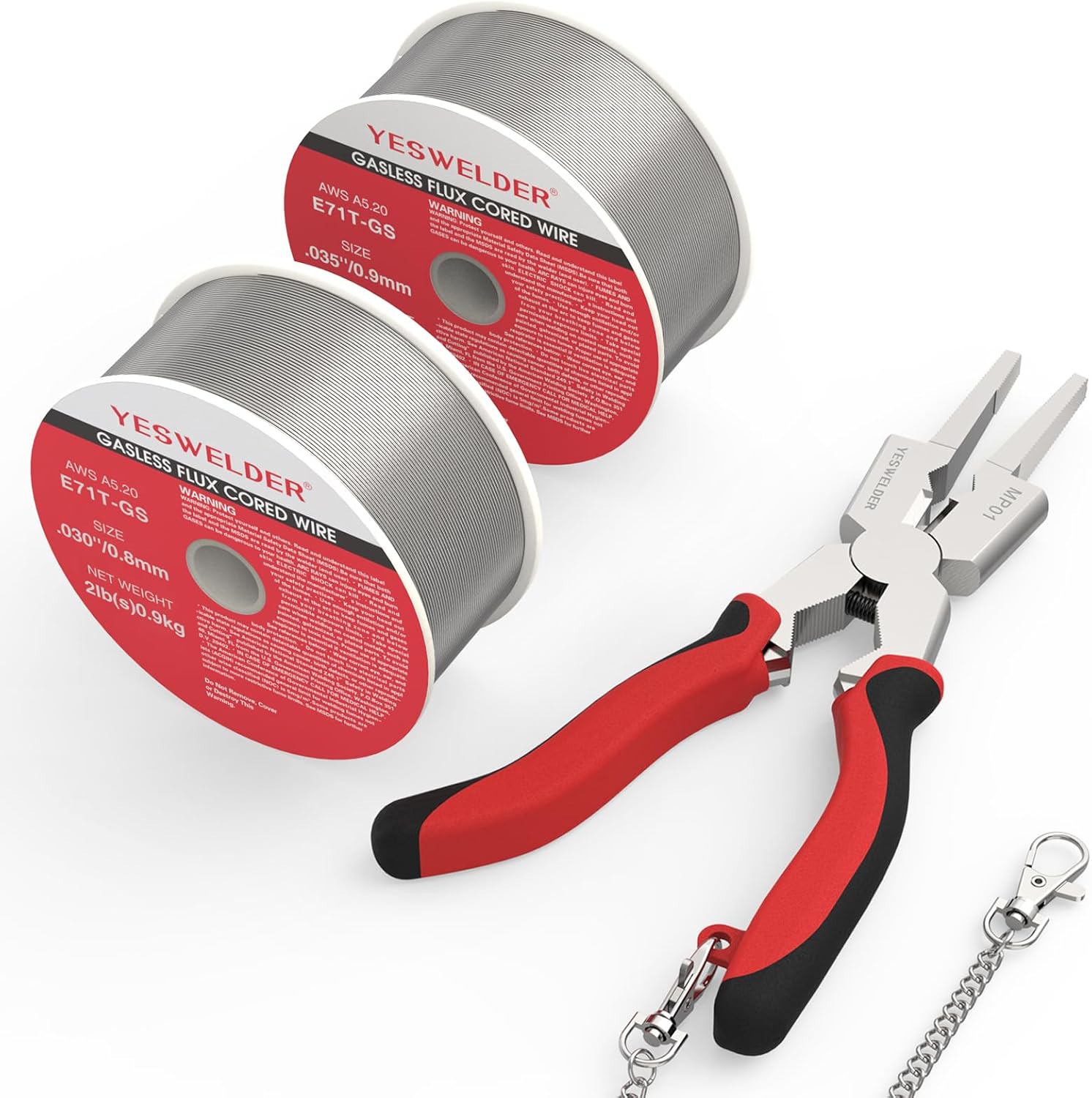 YESWELDER Flux Core Gasless Mig Wire, Mild Steel E71TGS .030+.035-Diameter, 2-Pound Spool & 8-Inch MIG Welding Pliers with Rentention Chain