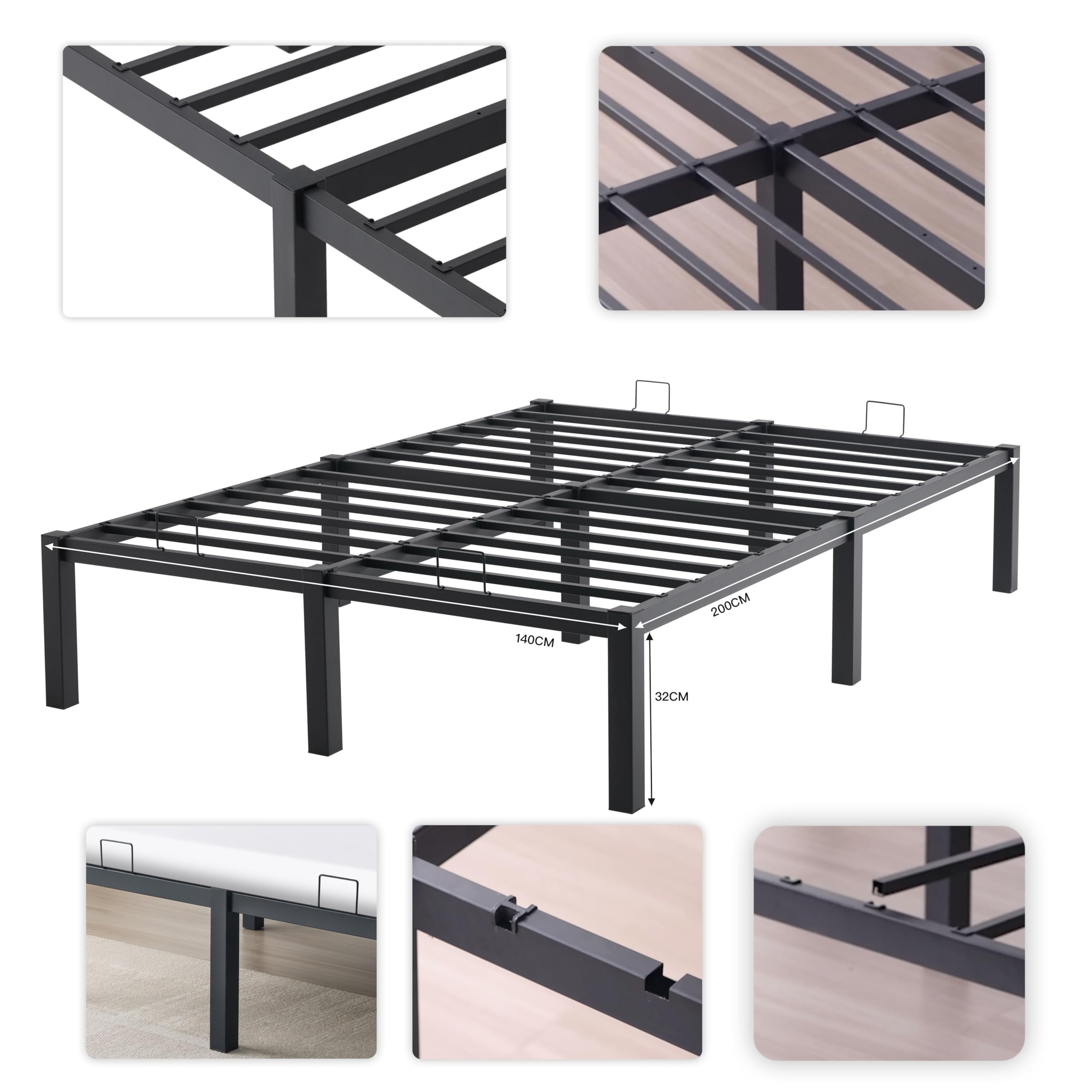 Garvis werkzeuglos OHNE Schrauben! Metallbett 140x200 Schwarz – 32 cm Hoher Doppelbettrahmen mit Stauraum – klick-Montage