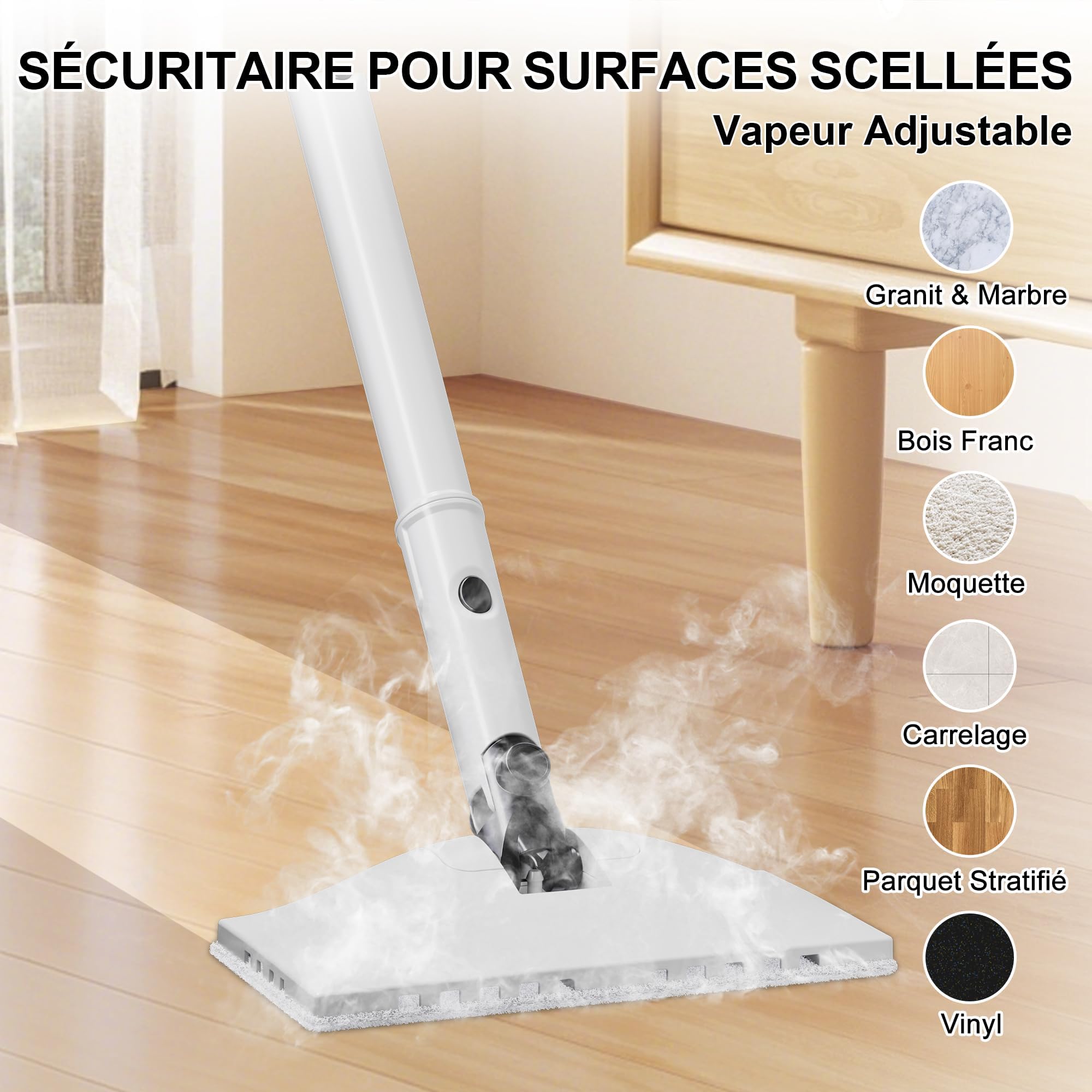 Nettoyeur Vapeur, Balais Vapeur Multifonction 8 en 1, 1500W, Élimine 99,9% des virus et bactéries, Steam Cleaner ECO Sans Détergents, Nettoyeur Vitre, Nettoyeur Vapeur Canapé