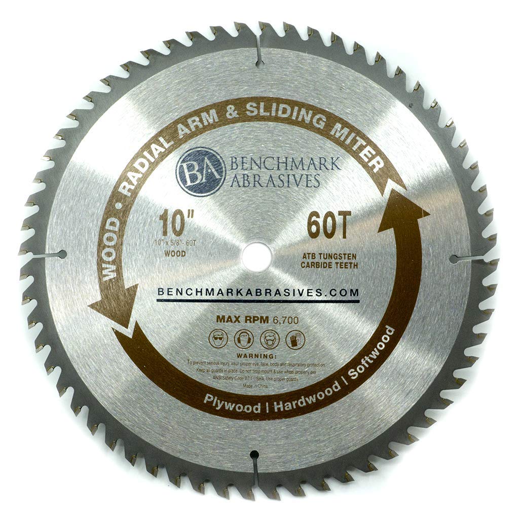 Benchmark Abrasives 10” TCT Saw Blade Tungsten Carbide Tipped Circular Saw Blade with 5/8" Arbor for Wood Cutting, 10 Inch Miter Saw Blade Woodworking on Soft & Hardwood (10" 60 Teeth)