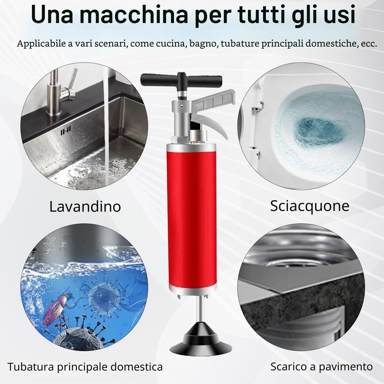 Sturatore per canalizzazioni ad aria compressa 0,8 MPa, pompa ad alta pressione con 2 ugelli in gomma e tubo di prolunga per cucina, bagno, WC e uso industriale