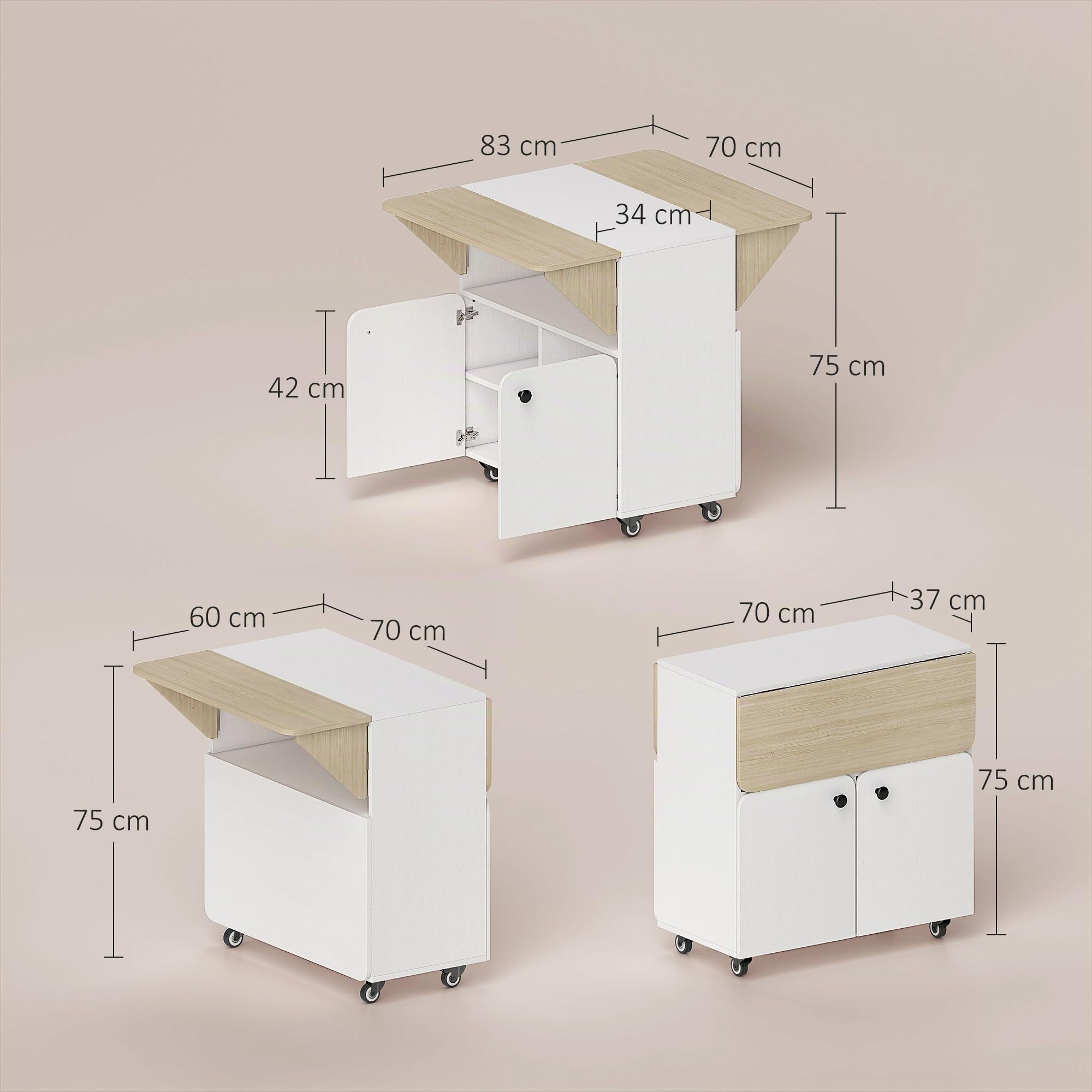 HOMCOM Table à Manger Pliante sur roulettes Étagère 70x83x75 cm Blanc