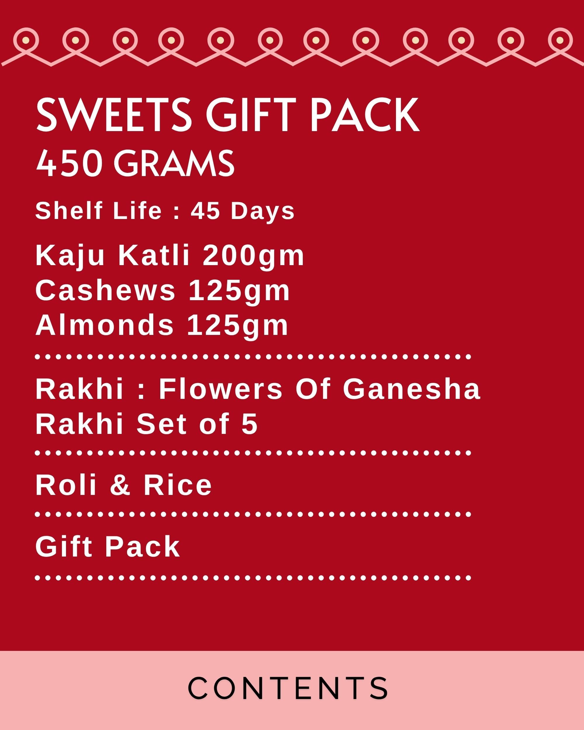 HyperFoods® Rakhi with Sweets Gift Pack and Dry Fruits Cashews Almonds 250g and Kaju katli 200g Sweets Gift Box with Dryfuits Flowers of Ganesha Rakhi Set of 5 Roli & Rice 1