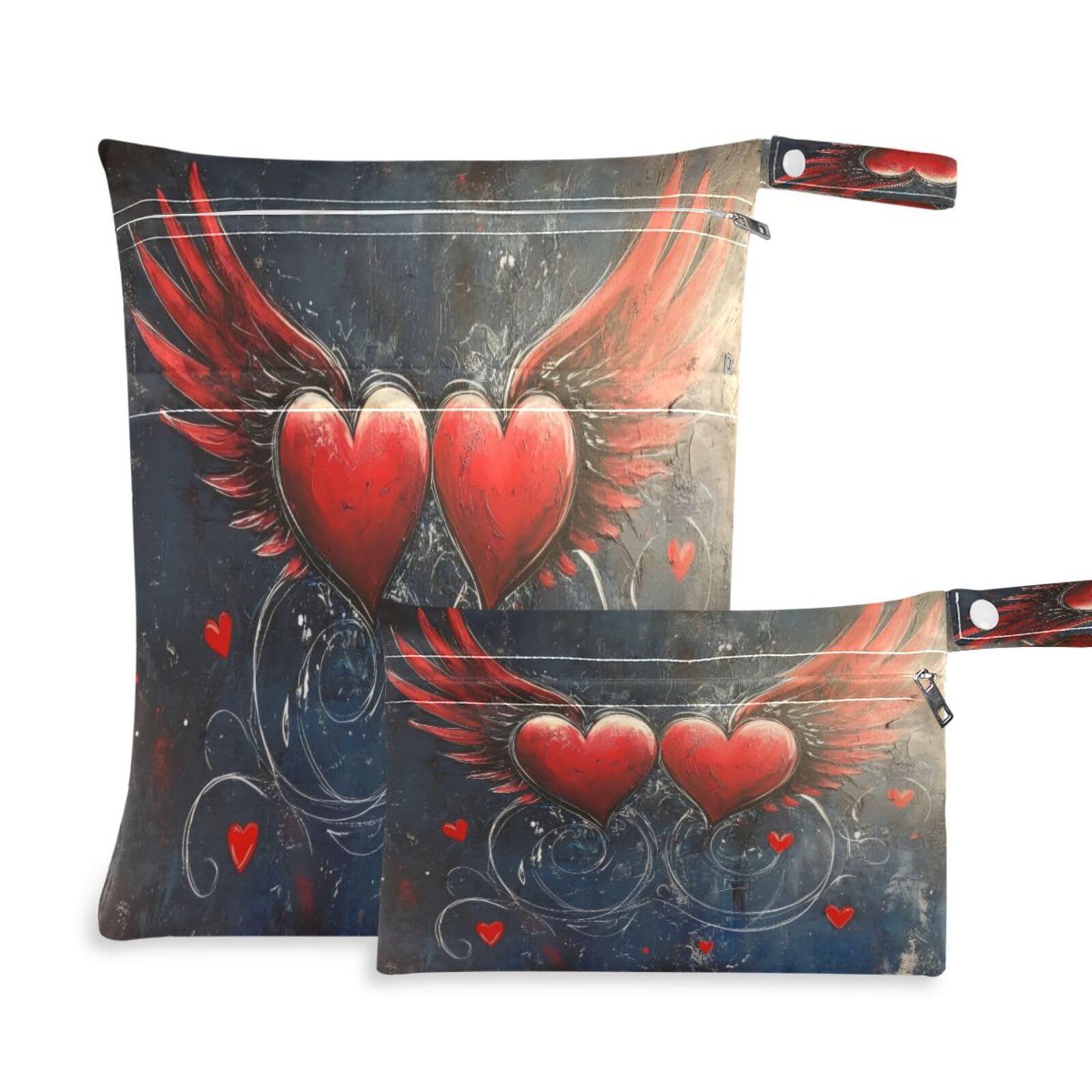 Takiito Valentine Heart Wings 2 Pcs Wet Dry Bags for Cloth Diapers, Waterproof & Reusable Wet Bag for Nursery Beach Pool Gym with Two Zippered Pockets
