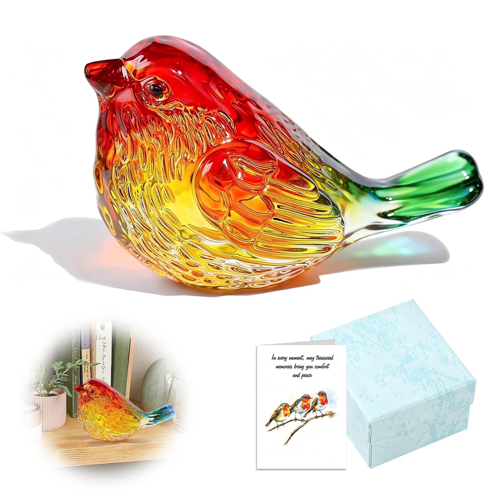 Evewind Handmade Colourful Glass Bird Figurine, Crystal Art Animal Ornament Paperweight, Decorative Collectible for Home Shelf Tabletop, Ideal Birthday Valentine
