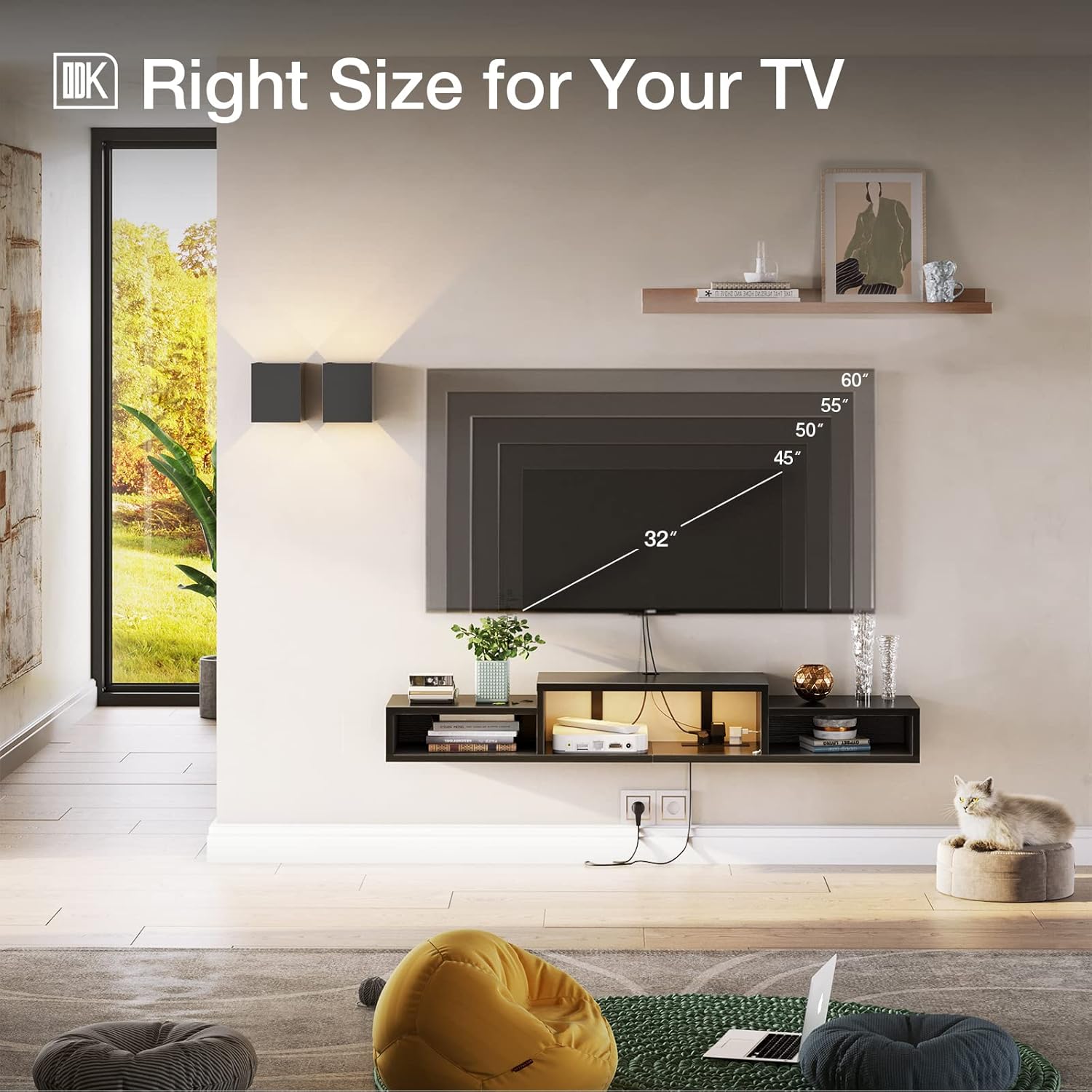 ODK Floating TV Stand with Power Outlet, 51” Floating Entertainment Center with LED, Television Stands with RGB Lights for Living Room, Black