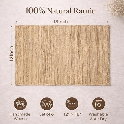 Miniatura 4 de Juego de 6 manteles individuales de ramio hechos a mano, 12 x 18 pulgadas, ecológicos, tejidos naturales, para mesa de comedor, resistentes al calor