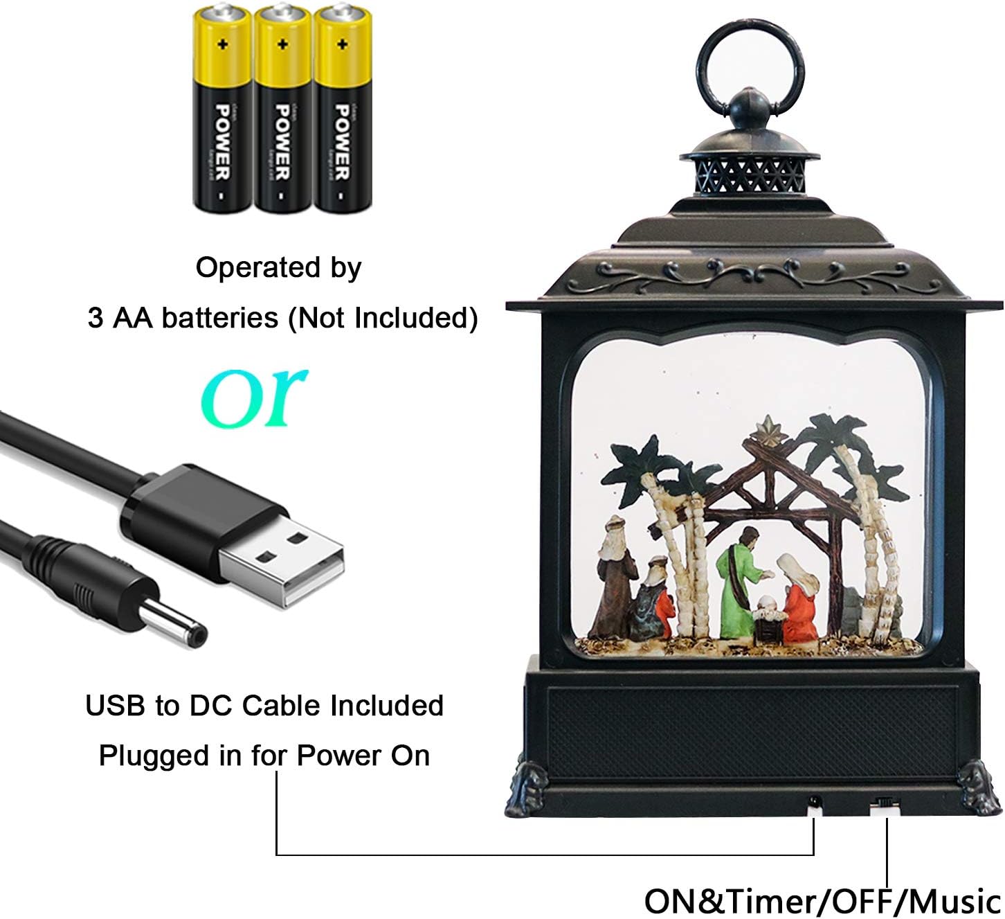 Wondise Christmas Musical Snow Globe Lantern with 6 Hour Timer, 11.2 Inch USB Cord & Battery Operated Spinning Water Glitters Lighted Singing Snow Globe Lantern Christmas (Nativity) - Image 3