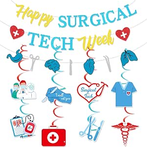 Surgical Tech Week Decorations Kit - Banner & Hanging Swirls For Appreciation Parties, Hospital Celebrations