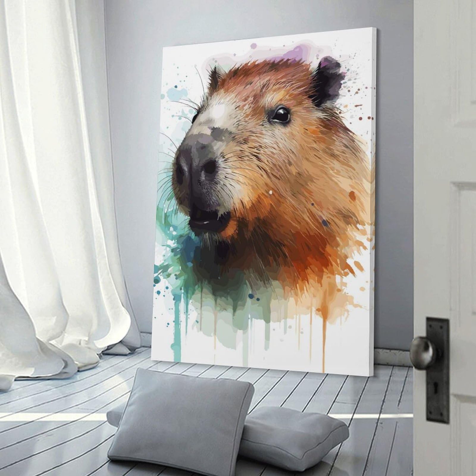 Junmoney Frame-Style-12 Canvas Wall Picture Capybara Watercolor Portrait, 20X30inch(50X75cm), For Gallery Wall Decor And Room Displays, Decorative Artwork With Flexible Styling