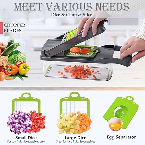 Vegetable Chopper Dicer with Container | Cheese Grater Mandoline Slicer Cabbage Shredder French Fry Cutter Stainless Steel for Veggie Onion Potato Fruit Food, Manual Hand Cooking Gadget for Kitchen