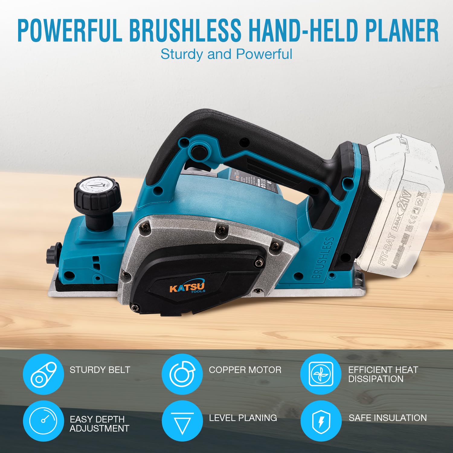 KATSU FIT-BAT Pialla Cordless 21V Brushless 82mm, Prof. 2mm, Base in Alluminio con 3 Scanalature a V, Lame Extra, Senza Batteria e Caricatore