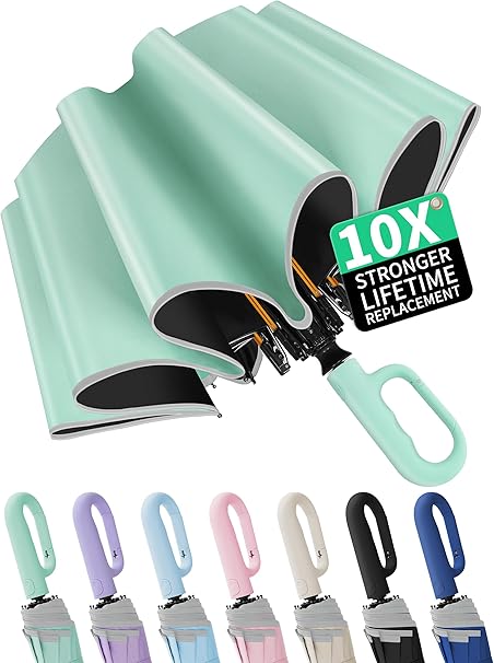 Seniny Travel Umbrella with Carabiner Handle, Windproof Large Umbrellas for Rain with Dual-Rib Structure, Portable Compact Umbrella with Reflective Strip, Car Backpack UV Umbrellas for Sun Protection