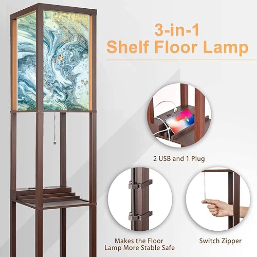 Miniatura 4 de Lámpara de pie de lujo natural con efecto marmoleado antigua técnica de dibujo oriental con estantes, puertos USB y toma de corriente, lámpara alta