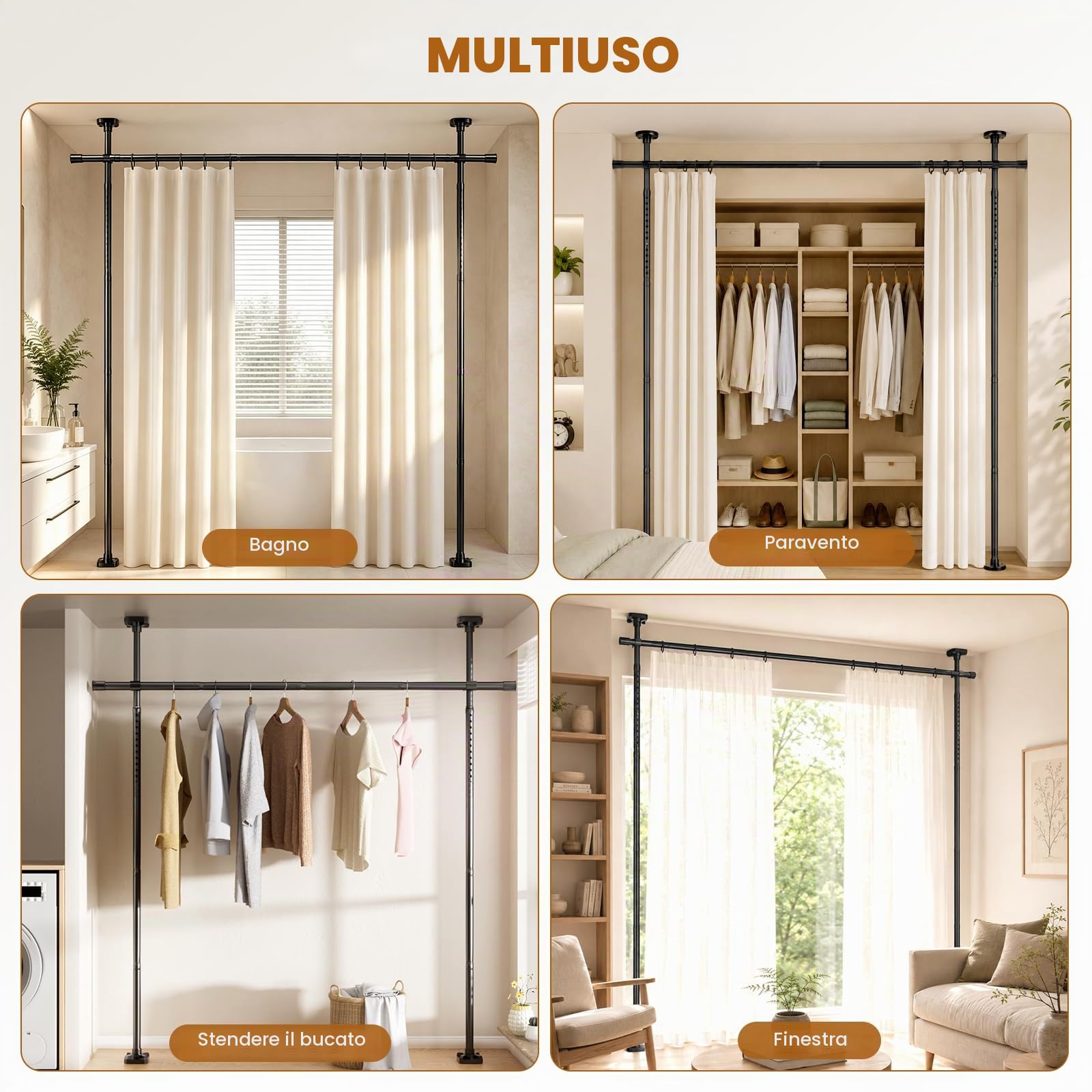 Mavivegue Divisorio senza foratura, divisorio senza tenda, divisorio, paravento, 122-305 cm (H) 71-178 cm (B) regolabile, adatto per soggiorno, camera da letto e ufficio, nero