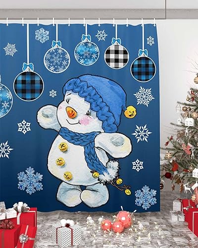 Cortina de ducha de muñeco de nieve de Navidad, cortinas de ducha de muñeco de nieve azul para decoración de baño, bolas de Navidad de invierno con Cortina de ducha de muñeco de nieve de Navidad, cortinas de ducha de muñeco de nieve azul para decoración de baño, bolas de Navidad de invierno con