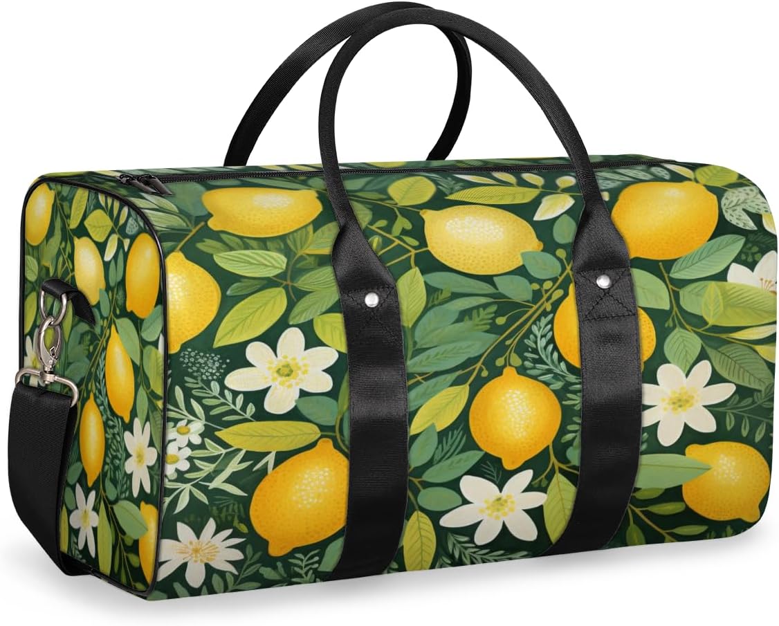 Watercolour Lemon Flower Leaves Travel Duffel Bag for Women Men Large Capacity Overnight Weekender Bags for Lightweight Waterproof Sport Gym Bag for Workout Yoga Swim