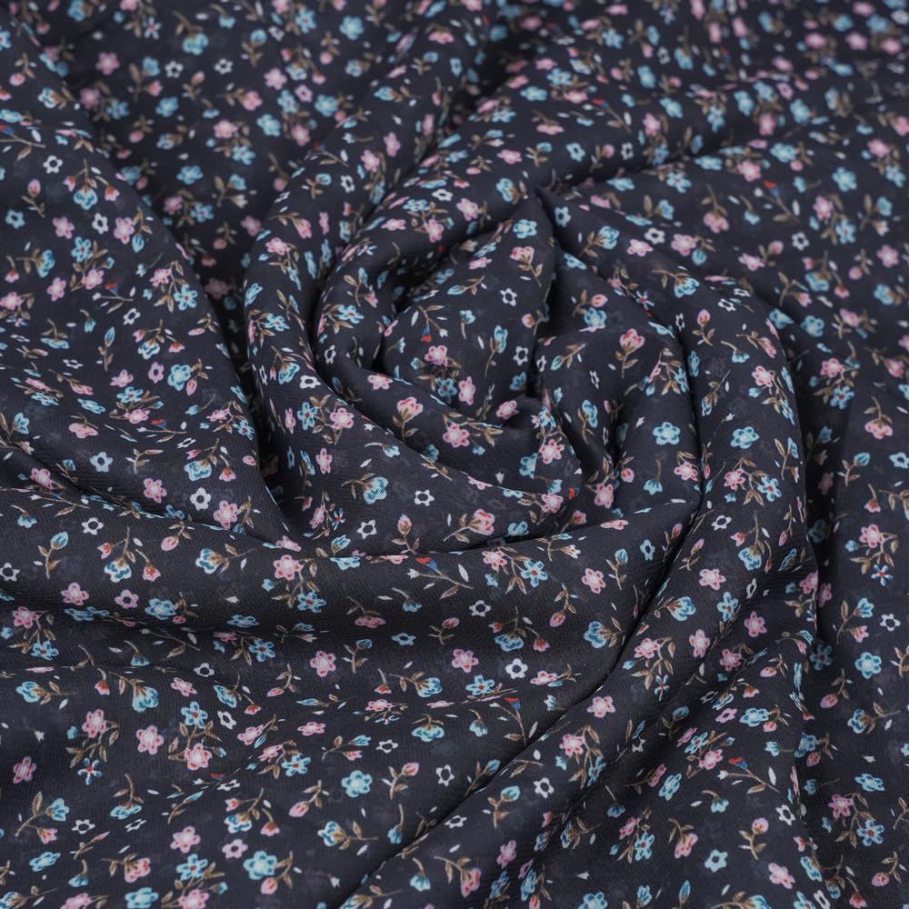 Georgette Floral Print Fabric 44" Width 5m | Unstitched Fabric, Dress & Kurti Use, Lightweight Georgette, Ditsy Floral Pattern, Navy Blue Base-image-4