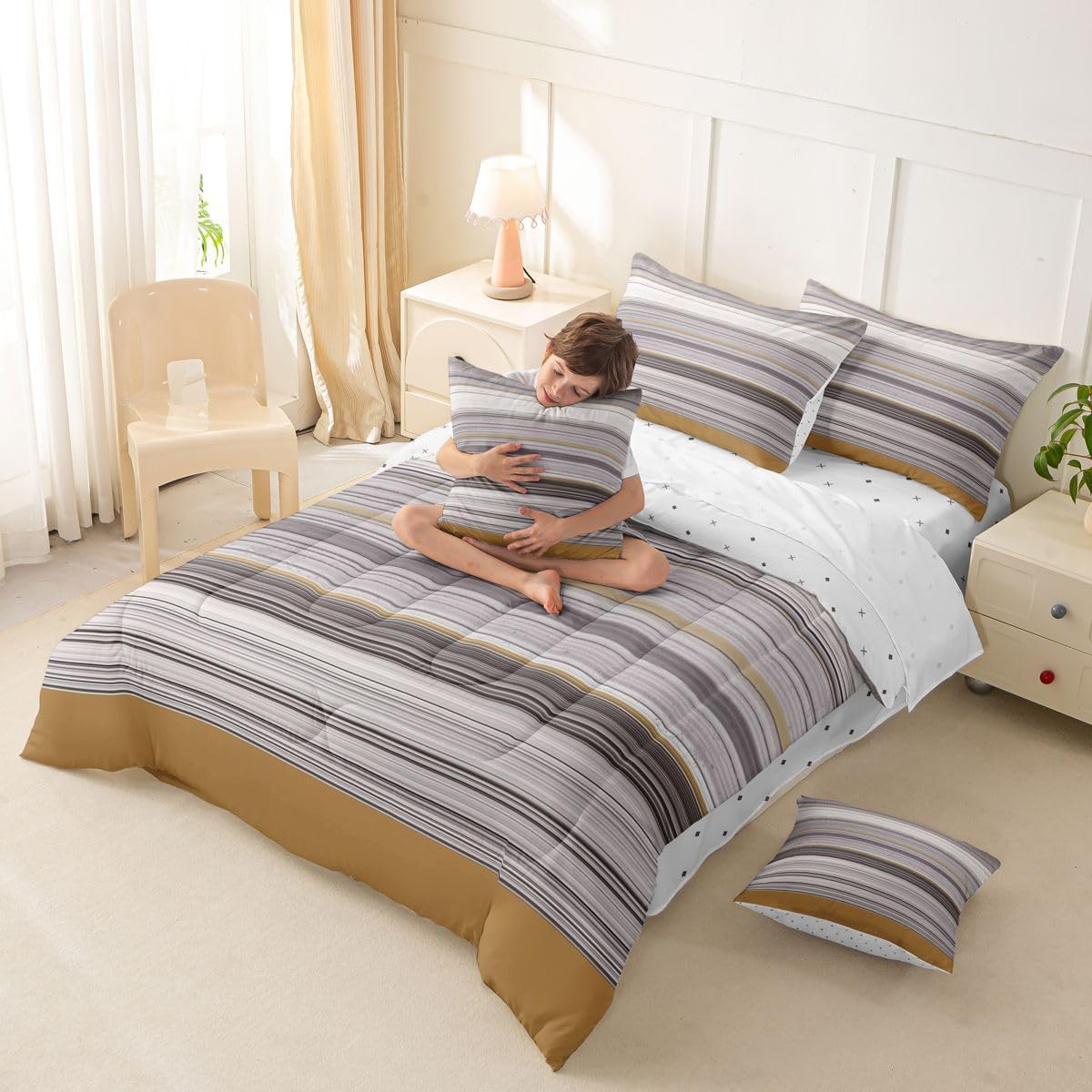 Feelyou Geometric Bed in a Bag Twin Purple Grey White Khaki Stripes 7 Pieces Bedding Set Stripe Line Comforter Set Patchwork Striped,Comforter + Sheets + Pillowcases + Cushion Covers