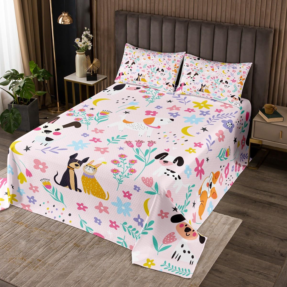 jejeloiu Cute Dog Coverlet Set Puppy Dog Bedspread for Kids Boys Girls Teens Room Decor Cute Poppy Pet Lovely Animal Quilted Coverlet King Size Botanical Floral Blossom Quilted
