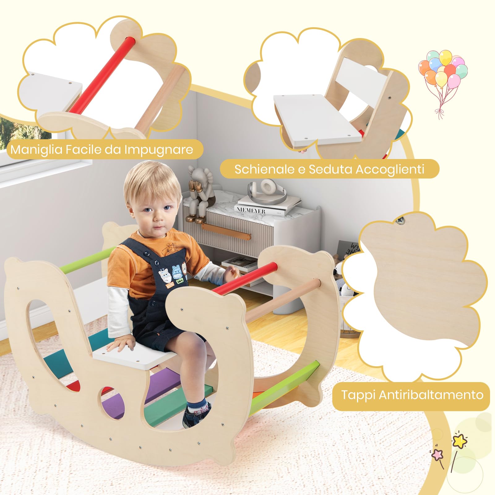 GYMAX 2 in 1 Arco a Dondolo per Bambini, Set Arrampicata Montessori e Cavallo a Dondolo in Legno con Schienale e Sedile, Giostra Interna in Palestra per Giochi Didattici, Regalo per Ragazzi 1+ Anni