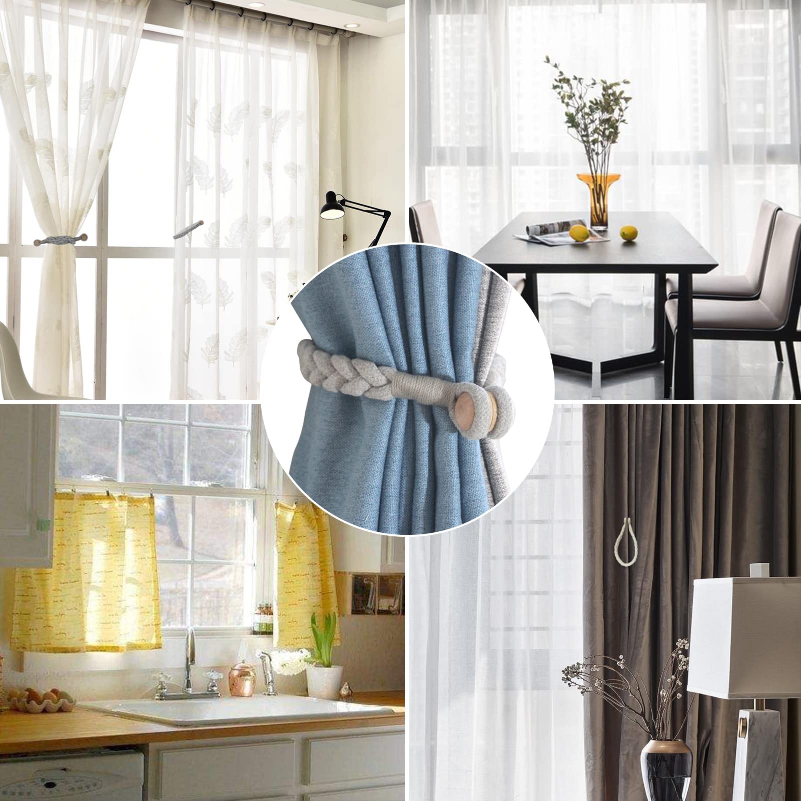 Confezione da 6 fermatenda magnetici morbidi in cotone intrecciato a mano fermatenda decorativi per la casa con fibbia in legno resistente per la decorazione di casa e ufficio (grigio, 6)