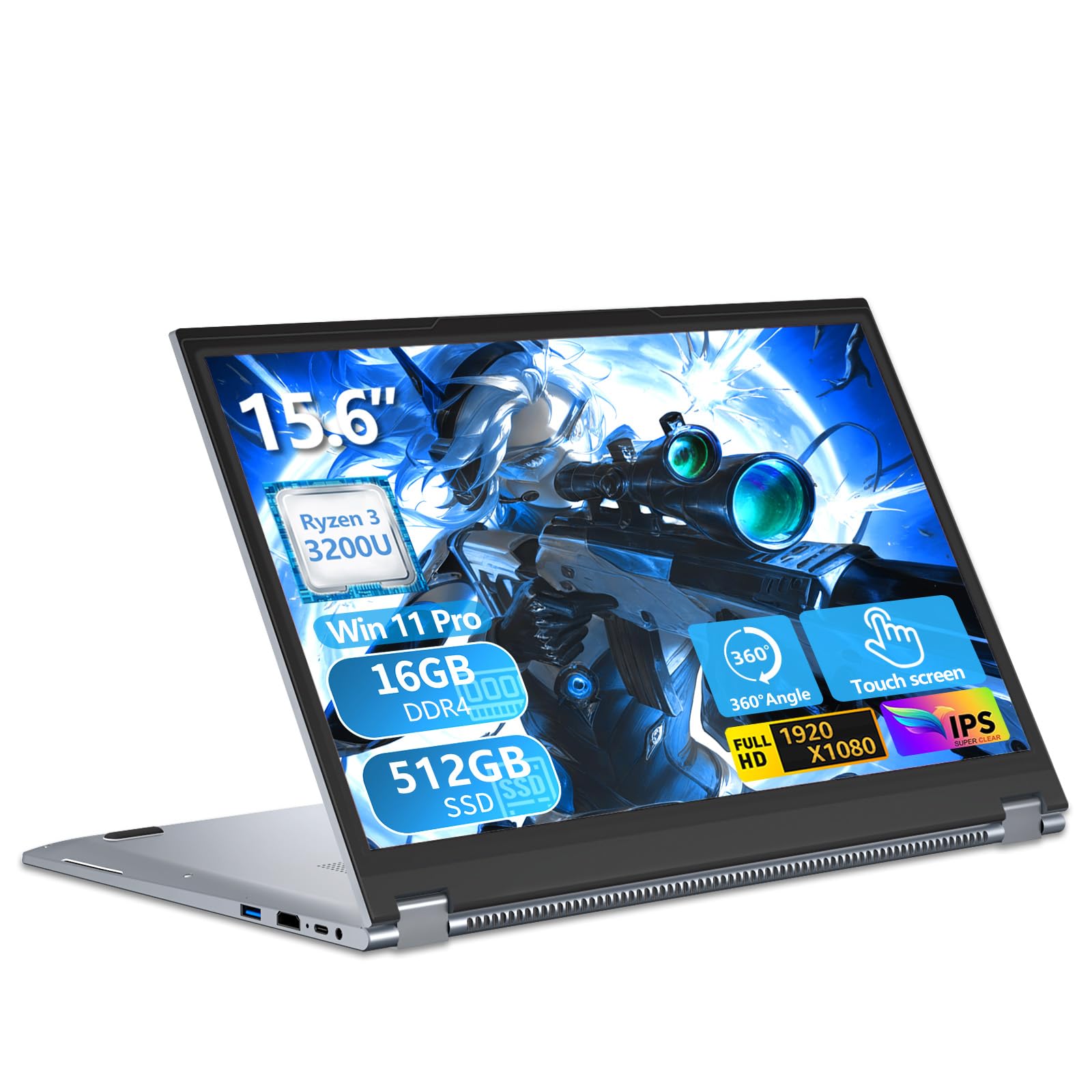 15,6 Pulgadas 2 en 1 Ordenador Portátil con Pantalla Táctil Ryzen R3-3200U Procesador, PC Portátil WIN 11 16GB DDR4 RAM 512GB SSD 360° Pantalla Táctil, Laptop FHD IPS Teclado Retroiluminado HDMI RJ45