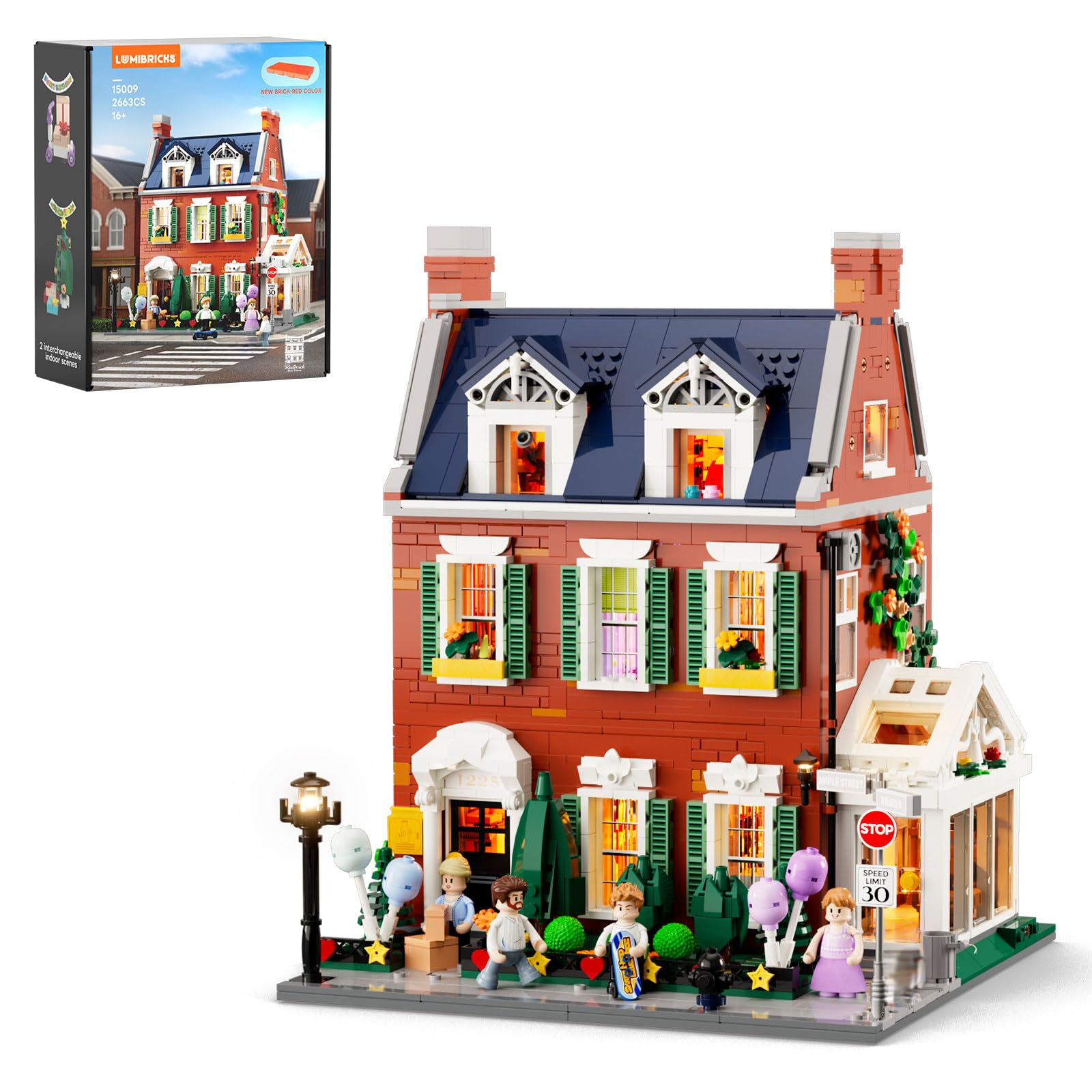 Redbrick Row House Lighting Building Bricks Set - City Town LED Light Modular Construction Model Collection Display Kit