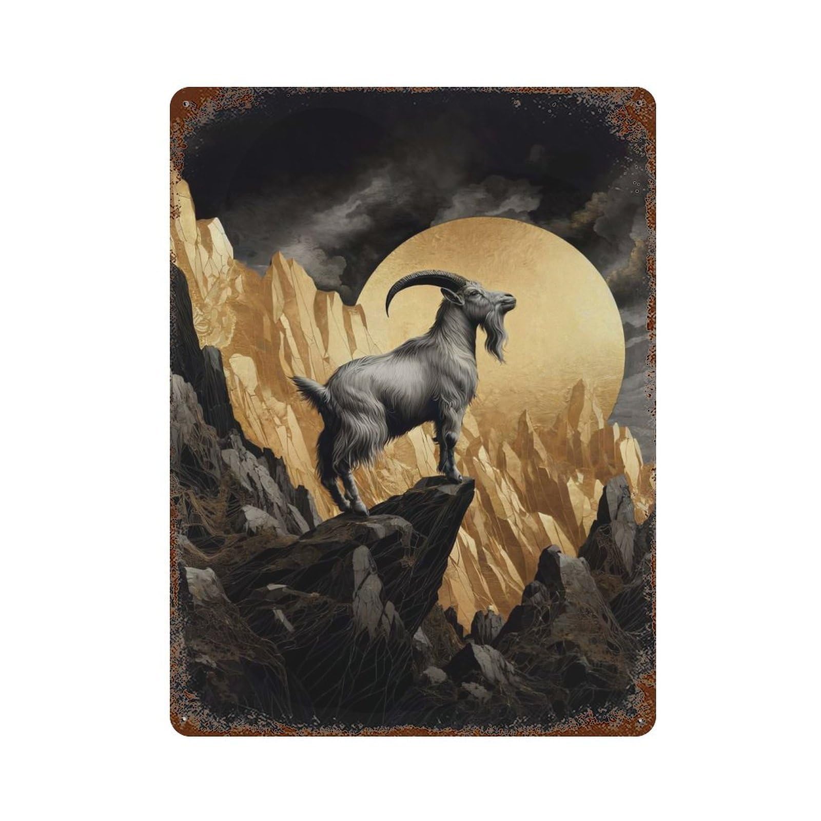 Gold X Mountain Goat Rust Effect Tin Sign 15.7"x11.8", Old School Wall Decor for Living Room, Hallway And Home Decor