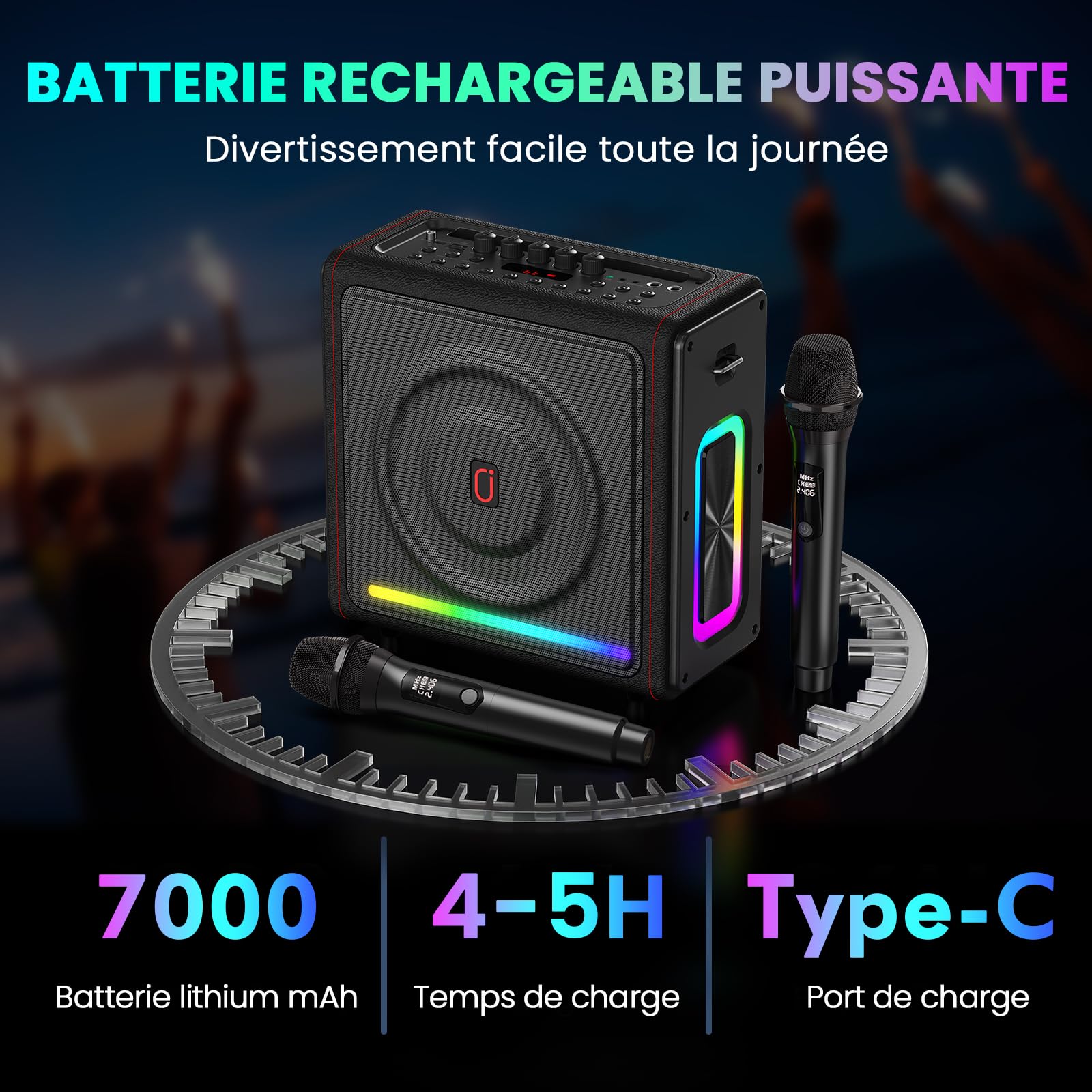 HWWR Machine Karaoke avec 2 Micros sans Fil, Kit karaoké Complet avec LED, 300W Puissance, Autonomie 36h, pour Adulte et Enfants, Système PA Prend en Charge TF/USB, FM, Enregistrement, AUX in et TWS