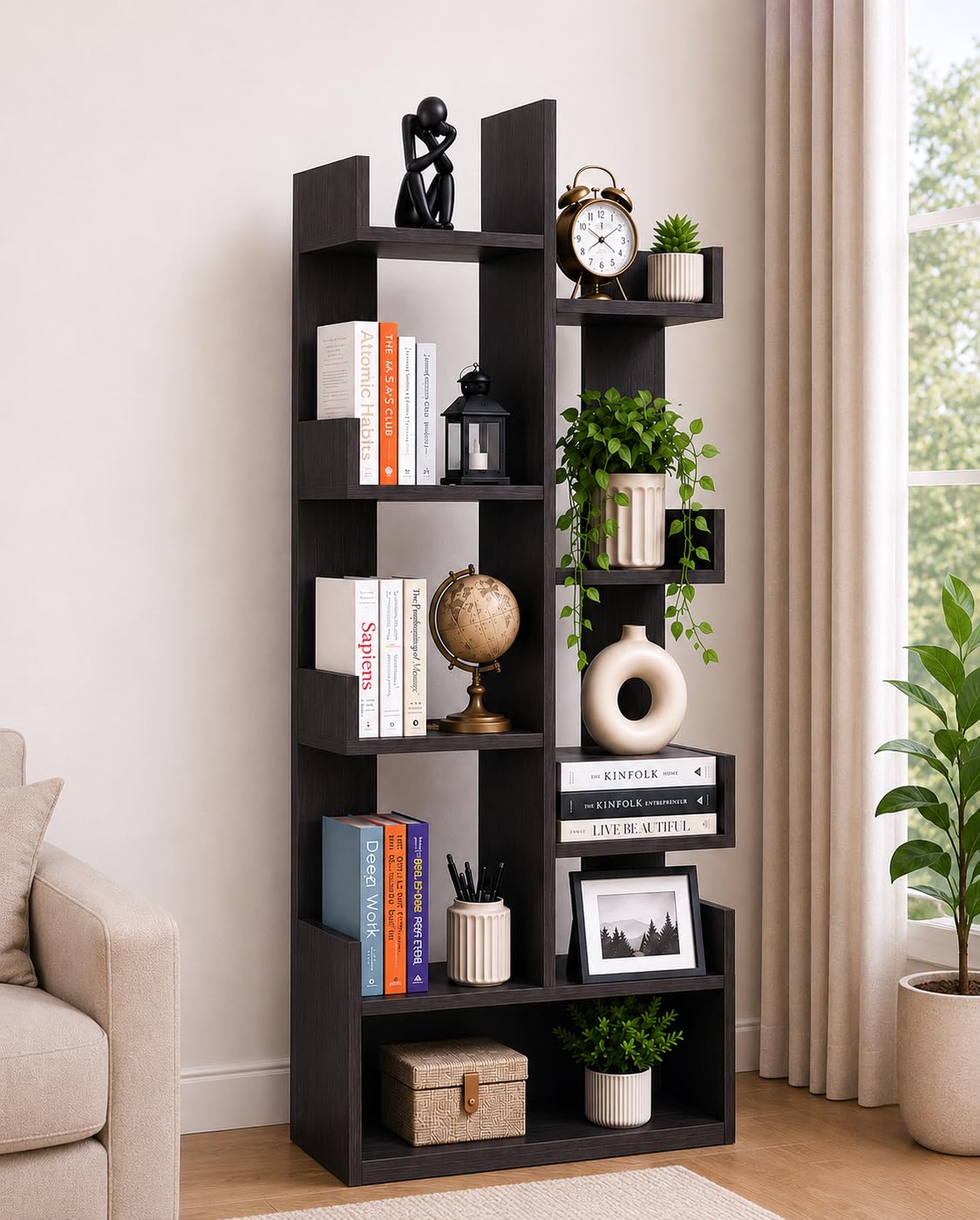 LERIMO Modern Zig-Zag Wooden Book Shelf | 8 Tier Floor Standing Storage Rack | Multipurpose Organizer for Books, Decor & Plants | Space Saving Living Room Shelf (Flowery WENGE, 8-Shelf)-image-25
