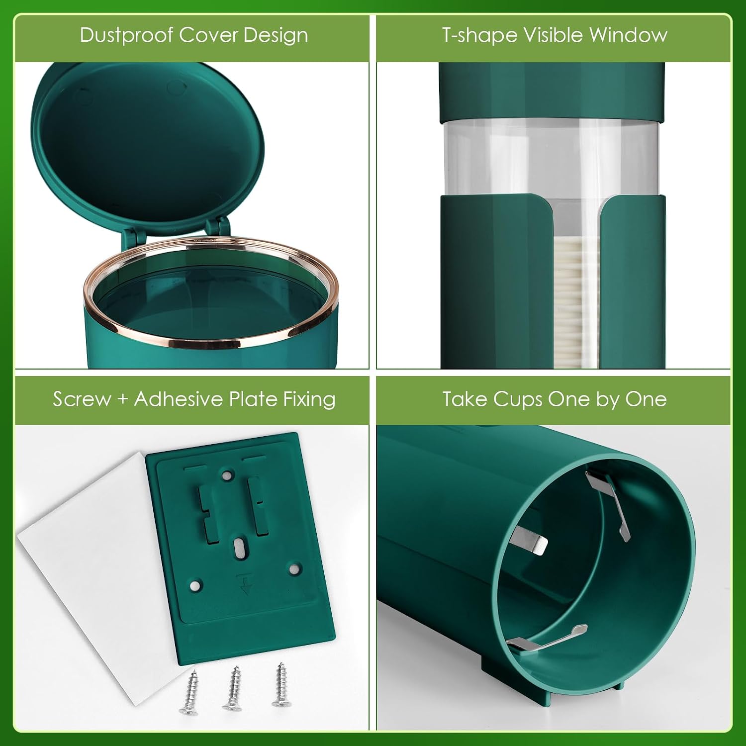 Wall Mounted Cup Dispenser for 5oz-8oz Disposable Cups - Pull Type Water Cooler Cup Holder with T-Shaped Window & Iron Clips, Dustproof Design for Family Bathroom, Office, Gym, Clinic (Green)