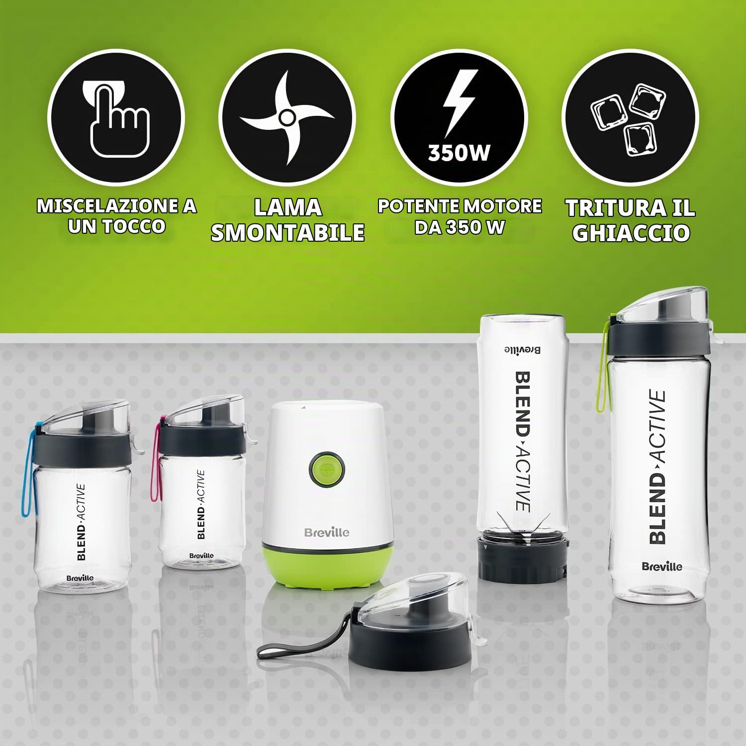 Breville Blend Active Personal Blender & Smoothie Maker | 350 W | Confezione famiglia | 4 flaconi attivi portatili (300 ml | 600 ml) | coperchi a prova di perdite | Bianco e verde [VBL252]