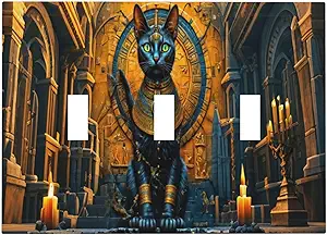 Decorative Switch Covers Plate Egyptian Black Cat Vintage Gold Decorated 3 Gang Wall Plate Oversized Triple Toggle Light Switch Plate Jumbo Faceplate for Bedroom Home Decor
