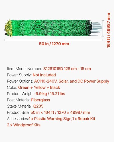 Miniatura 7 de VEVOR Red eléctrica para cerca, 50 pulgadas de alto x 164 pies de largo, valla de red de ganado con postes y estacas, redes de malla portátiles para