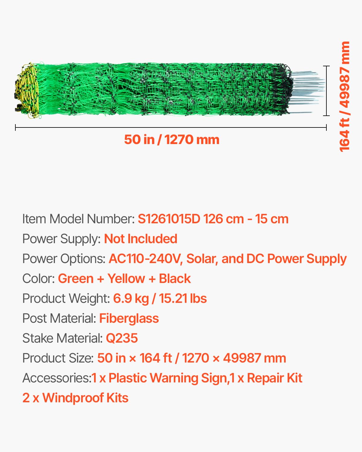 VEVOR Rete per Recinzione di Pascoli, 1,27 x 50 m, Rete per Pecore con Pali e Picchetti, Recinzione Portatile per Capre, Cervi, Maiali, Cani da Cortile, Giardino, Fattorie