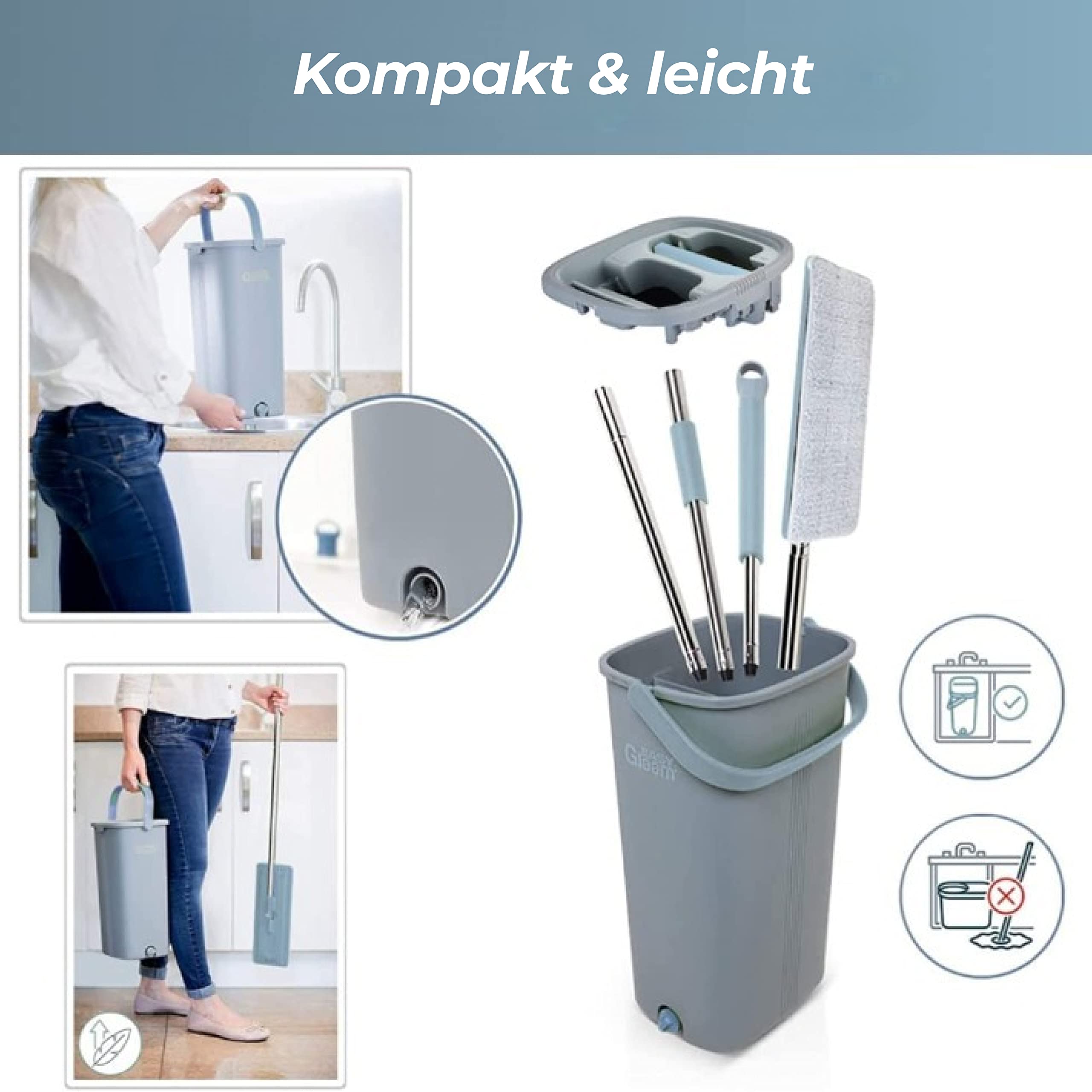 EasyGleam Wischmopp Set mit Doppelkammer-Eimer - Flacher Mikrofaser-Wischmopp mit Edelstahlgriff, Nass- und Trockengebrauch - 2 Wiederverwendbare Pads, für alle Böden geeignet - Blau