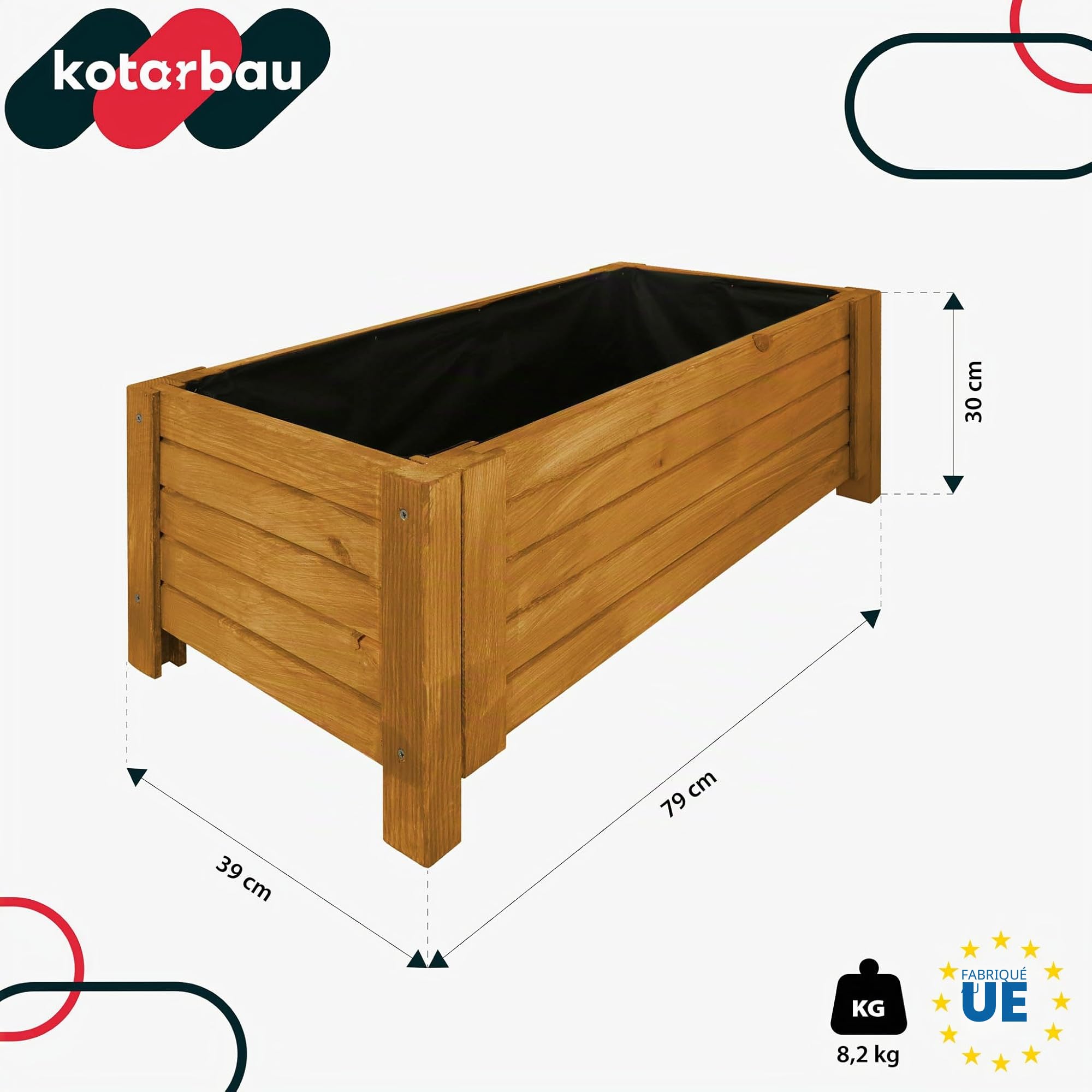 KOTARBAU® Jardinière Extérieur - Bois de Pin Imprégné - 79 x 39 x 30 cm - Chêne - Jardiniere sur Pieds - Bac à Fleurs Rectangulaire - Grande Capacité - avec Toile Anti-Mauvaises Herbes