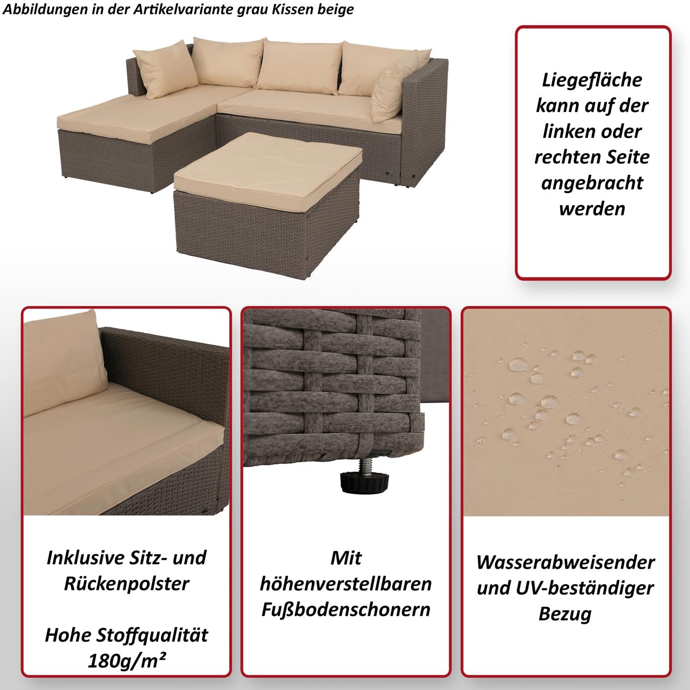 Mendler Poly-Rattan Garnitur HWC-O46 - grau Polster dunkelgrau | Balkon-/Garten-/Lounge-Set, Sofa, Sitzgruppe