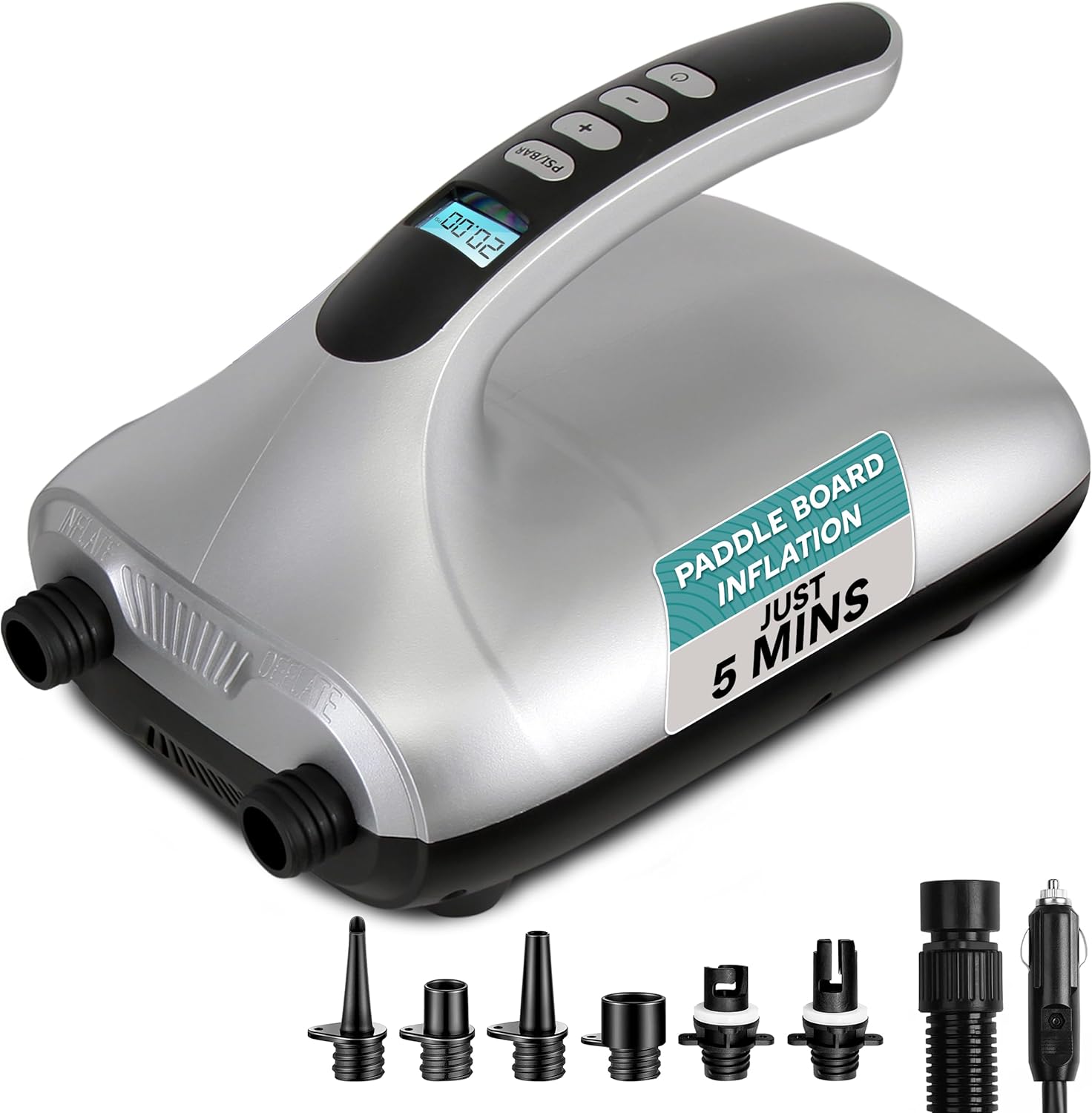 Paddle Board Pump Electric - Portable 20 PSI Dual-Stage Air Compressor for Super Fast Inflation and Deflation, Auto-Off, LCD Display and 12V Car Connector - for SUP, Boats & Inflatables Grey
