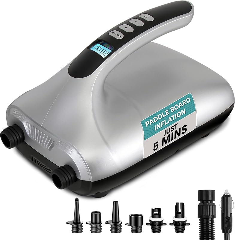 Bomba eléctrica para tabla de remo – Compresor de aire portátil de doble etapa de 20 PSI para inflado y desinflado súper rápido, apagado automático, pantalla LCD y conector de auto de 12 V – para SUP, barcos e inflables