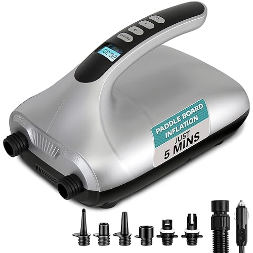Paddle Board Pump Electric - Portable 20 PSI Dual-Stage Air Compressor for Super Fast Inflation and Deflation, Auto-Off, LCD Display and 12V Car Connector - for SUP, Boats & Inflatables