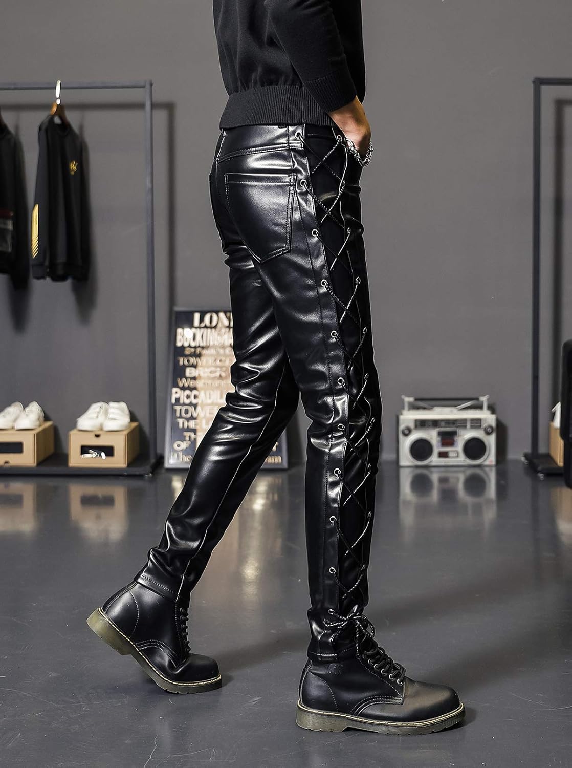 Idopy Men`s Rock Steampunk Lace Up PU Leather Pants Slim Fit - Image 3